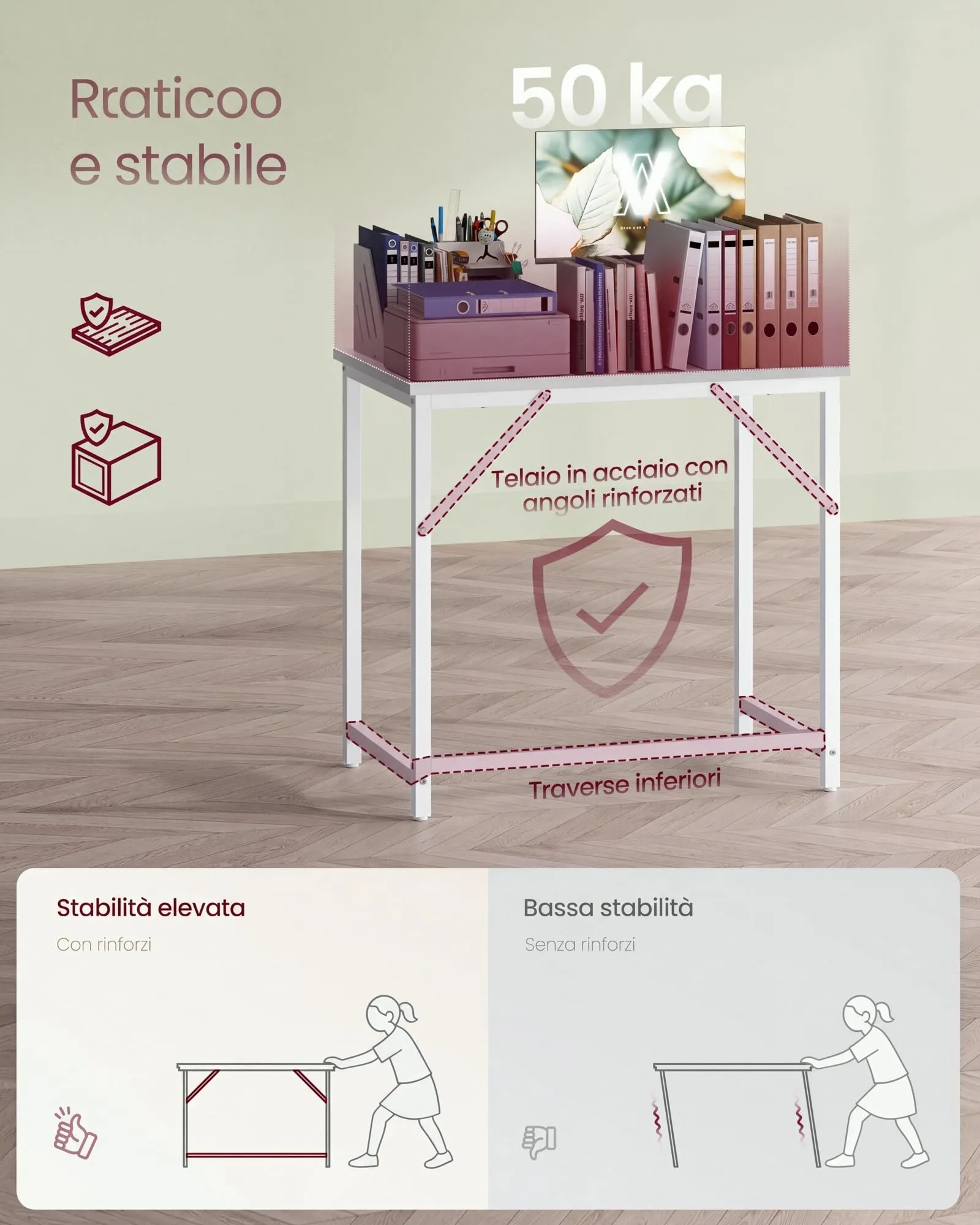 VASAGLE Scrivania per Computer 80 x 50 x 76 cm, Bianco Acero e Bianco Nuvola LWD038W44 - immagine 4