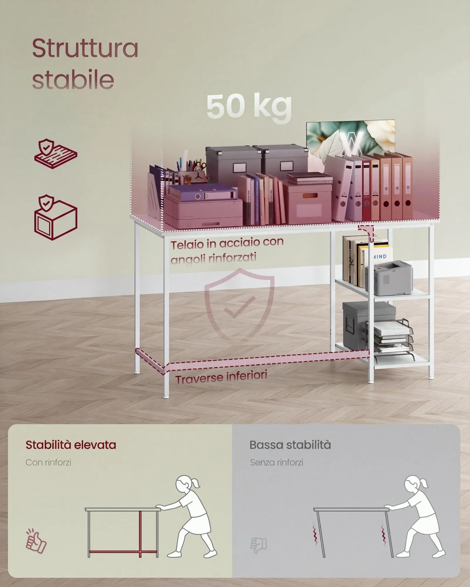 VASAGLE Scrivania per Computer, 120 x 60 x 76 cm, Bianco Acero, LWD047W44 - immagine 5