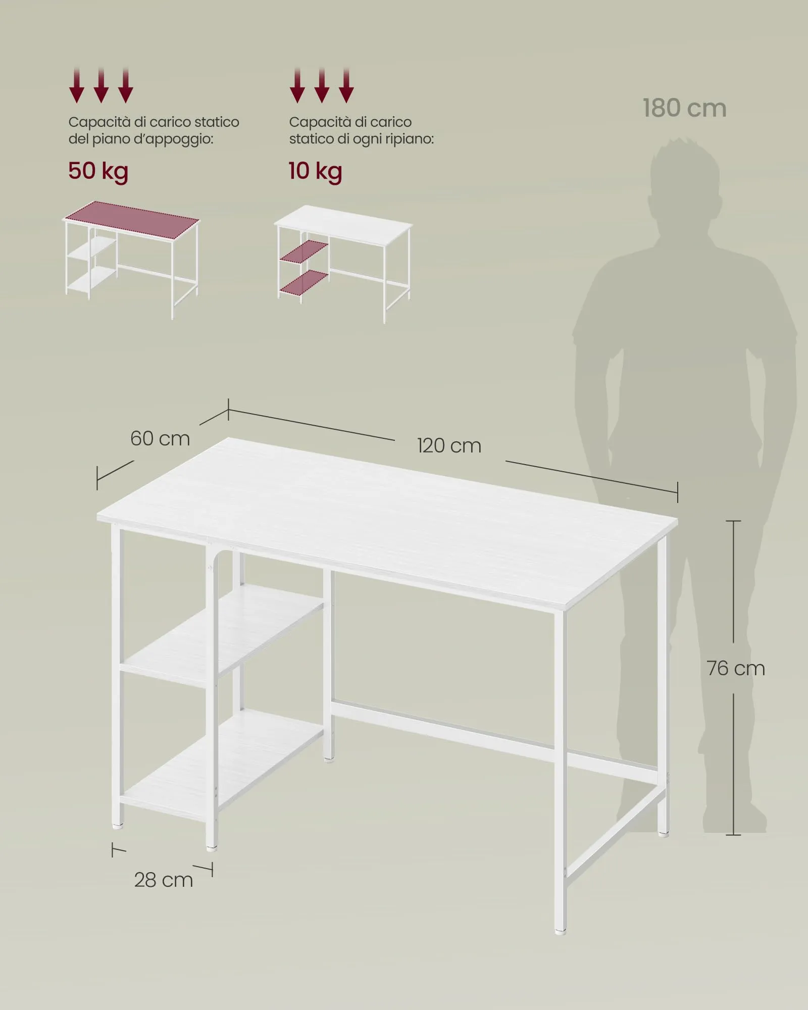 VASAGLE Scrivania per Computer, 120 x 60 x 76 cm, Bianco Acero, LWD047W44 - immagine 6