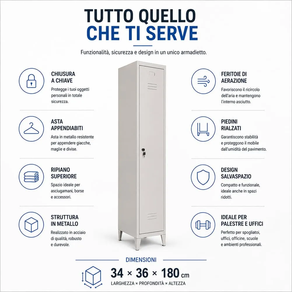 BAKAJI Armadio da Spogliatoio in Metallo con Chiusura a Chiave, Grigio, 34 x 36 x 180 cm (1 Anta) - immagine 2
