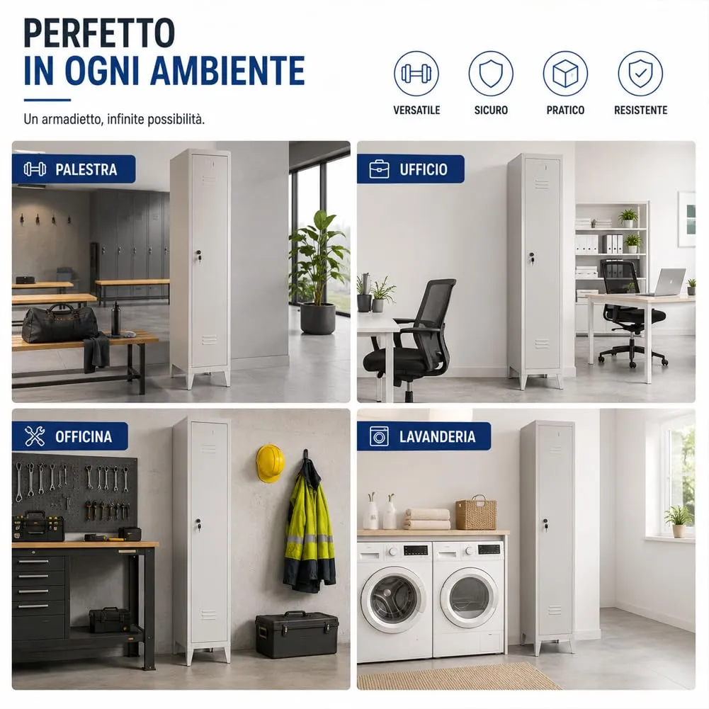 BAKAJI Armadio da Spogliatoio in Metallo con Chiusura a Chiave, Grigio, 34 x 36 x 180 cm (1 Anta) - immagine 3