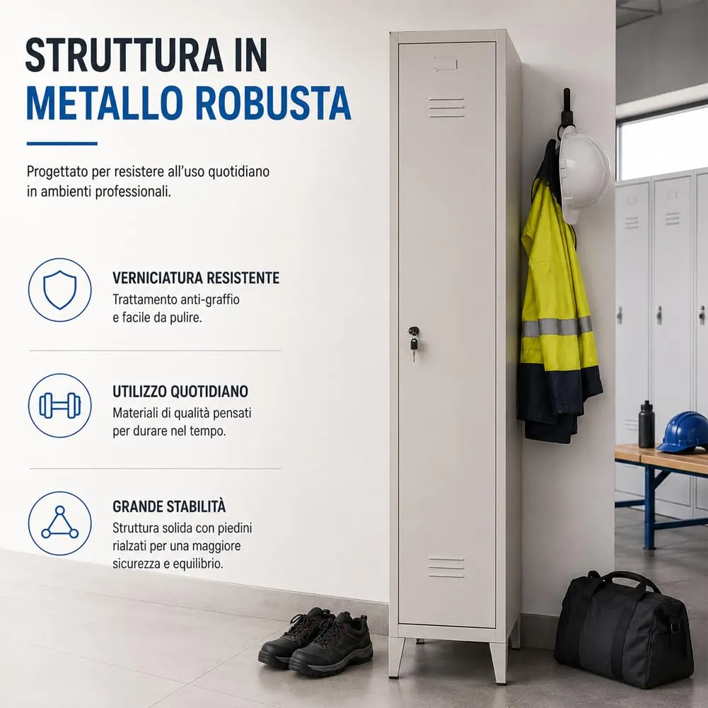 BAKAJI Armadio da Spogliatoio in Metallo con Chiusura a Chiave, Grigio, 34 x 36 x 180 cm (1 Anta) - immagine 4