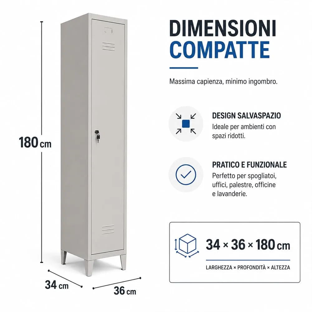 BAKAJI Armadio da Spogliatoio in Metallo con Chiusura a Chiave, Grigio, 34 x 36 x 180 cm (1 Anta) - immagine 6