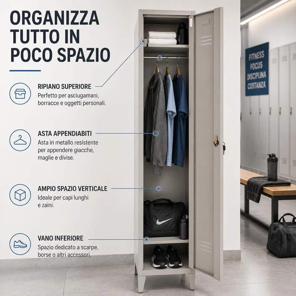 BAKAJI Armadio da Spogliatoio in Metallo con Chiusura a Chiave, Grigio, 34 x 36 x 180 cm (1 Anta) - immagine 7