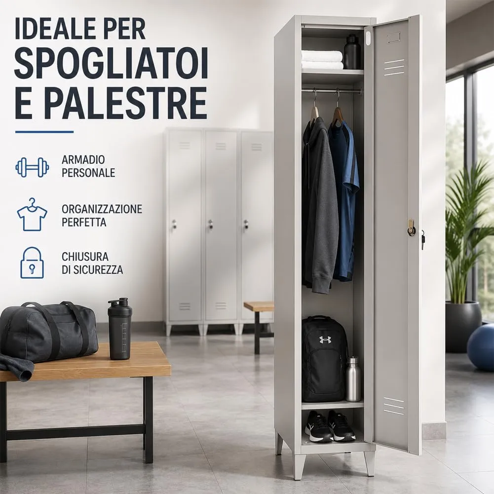 BAKAJI Armadio da Spogliatoio in Metallo con Chiusura a Chiave, Grigio, 34 x 36 x 180 cm (1 Anta) - immagine 8