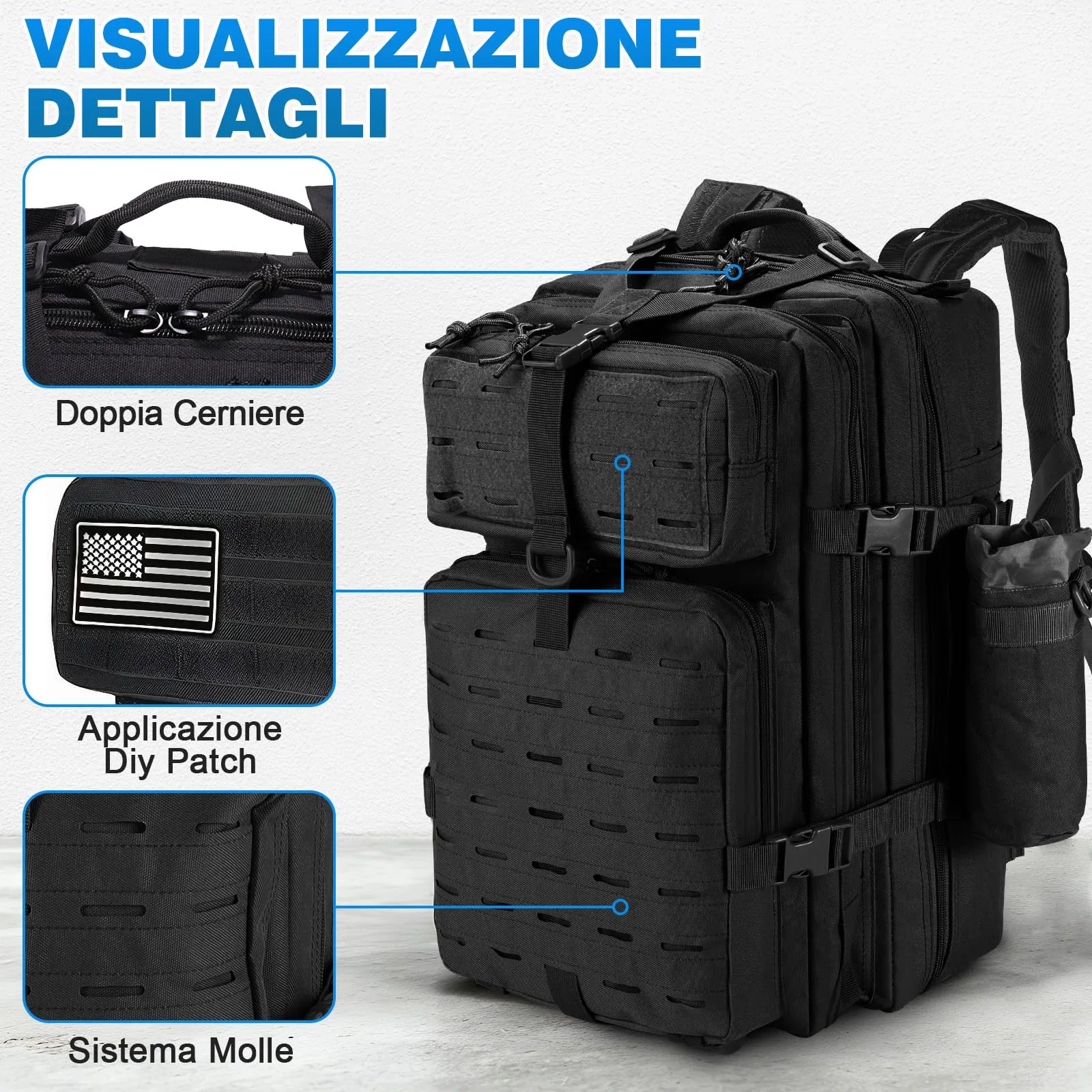 SHANNA Zaino Tattico Militare 45 Litri Impermeabile con Sistema Molle per Hiking, Campeggio e Trekking - immagine 2