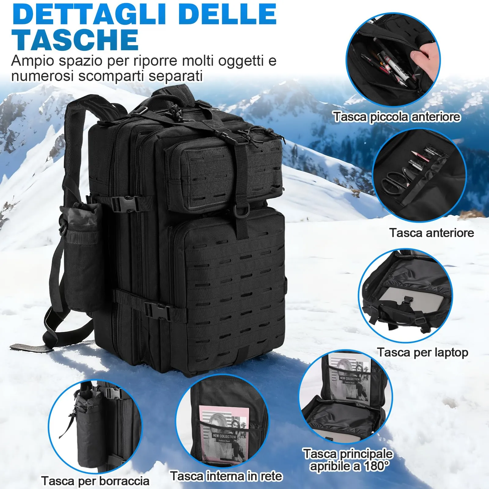 SHANNA Zaino Tattico Militare 45 Litri Impermeabile con Sistema Molle per Hiking, Campeggio e Trekking - immagine 3