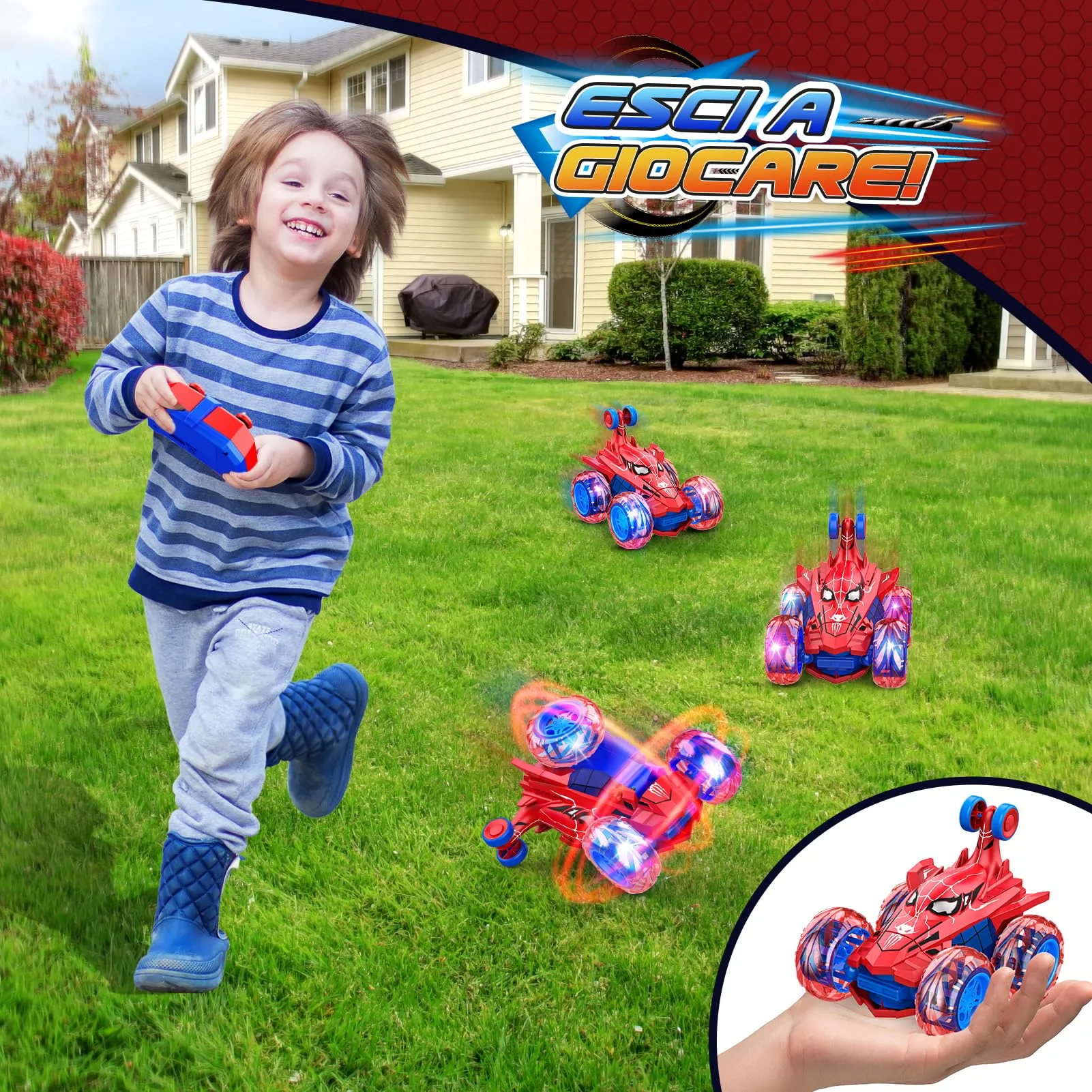 Dreamlandia HappyGoLucky Auto Spider RC Rotante a 360° con Luci LED, Macchina Telecomandata per Bambini 3-10 Anni, Rosso - immagine 4
