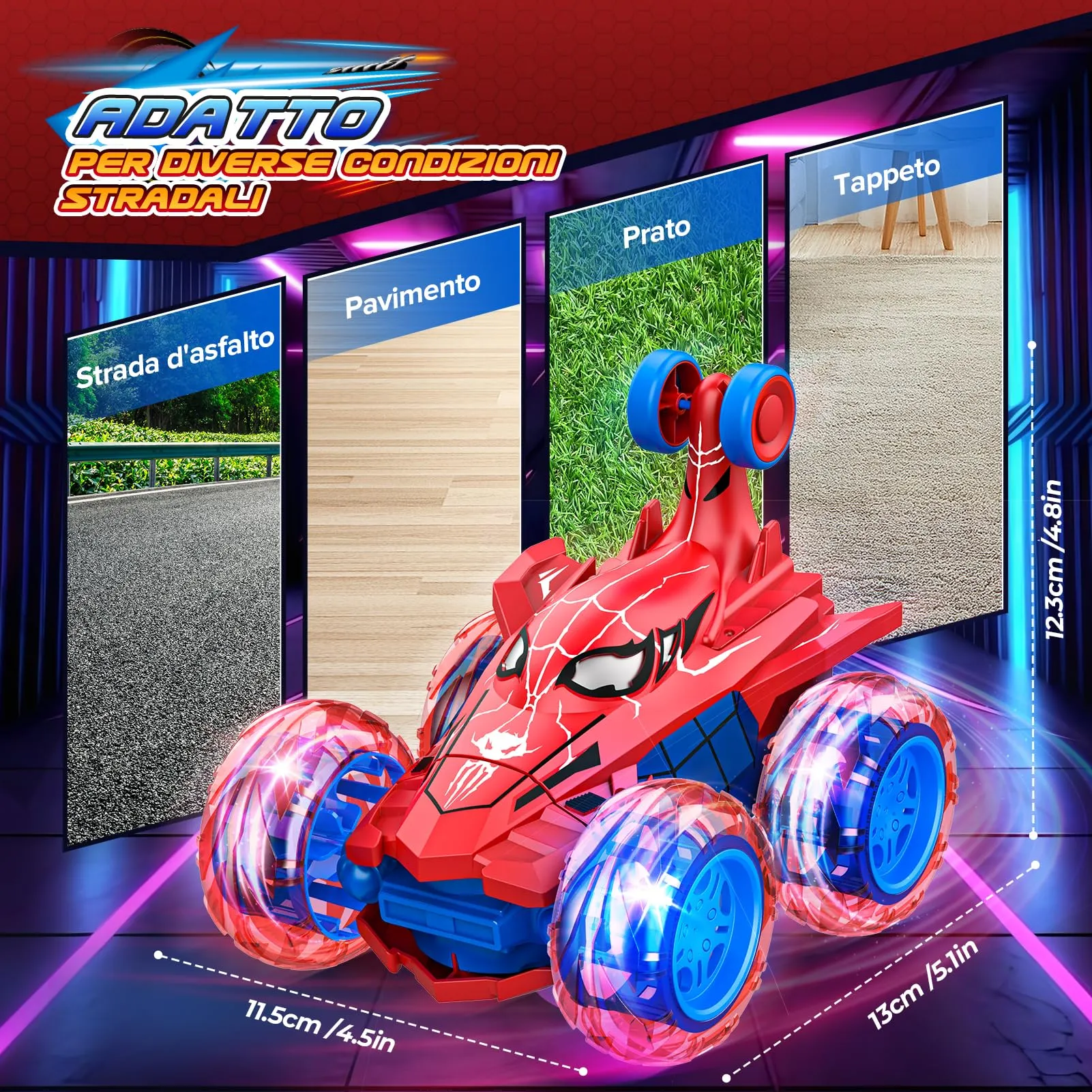 Dreamlandia HappyGoLucky Auto Spider RC Rotante a 360° con Luci LED, Macchina Telecomandata per Bambini 3-10 Anni, Rosso - immagine 5