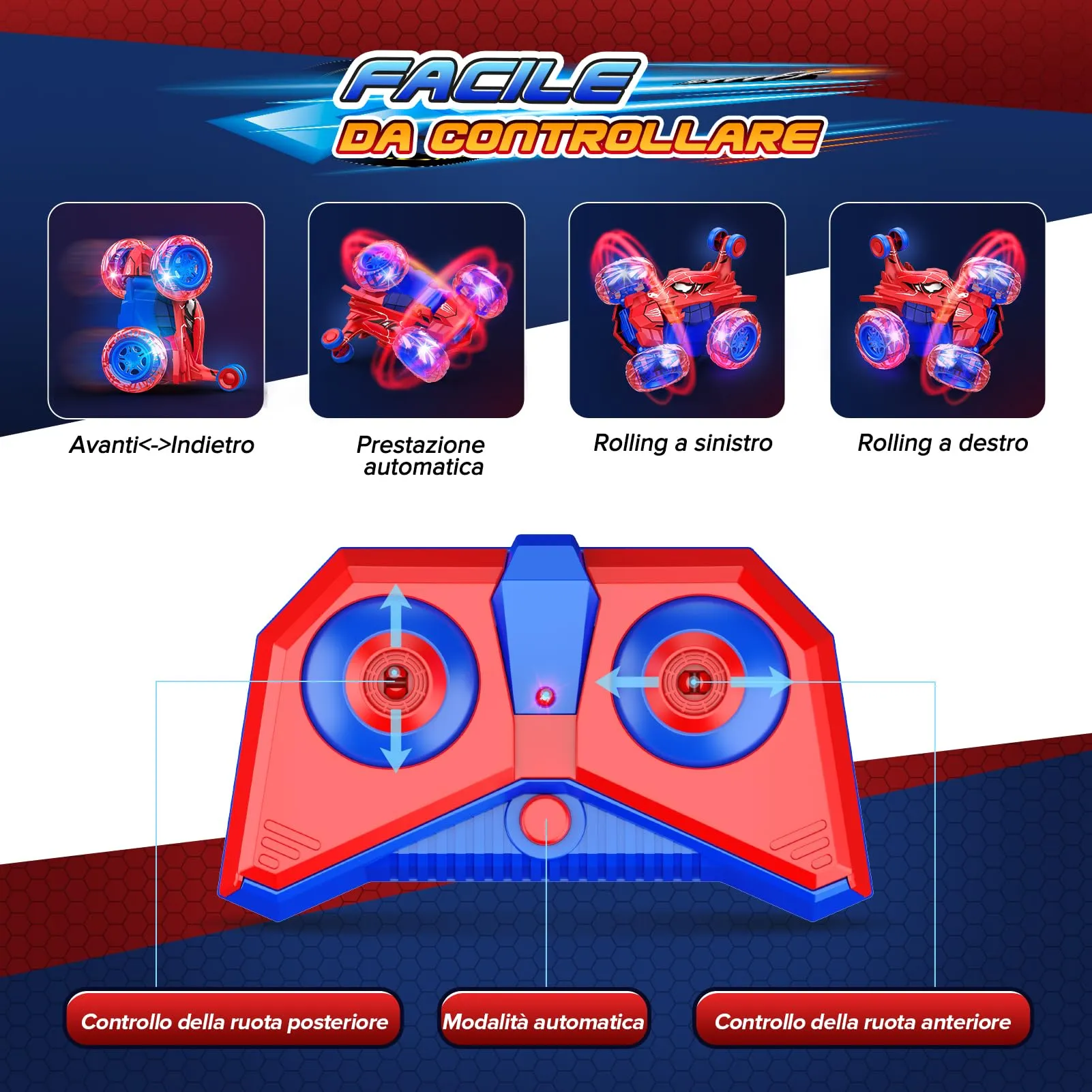Dreamlandia HappyGoLucky Auto Spider RC Rotante a 360° con Luci LED, Macchina Telecomandata per Bambini 3-10 Anni, Rosso - immagine 6