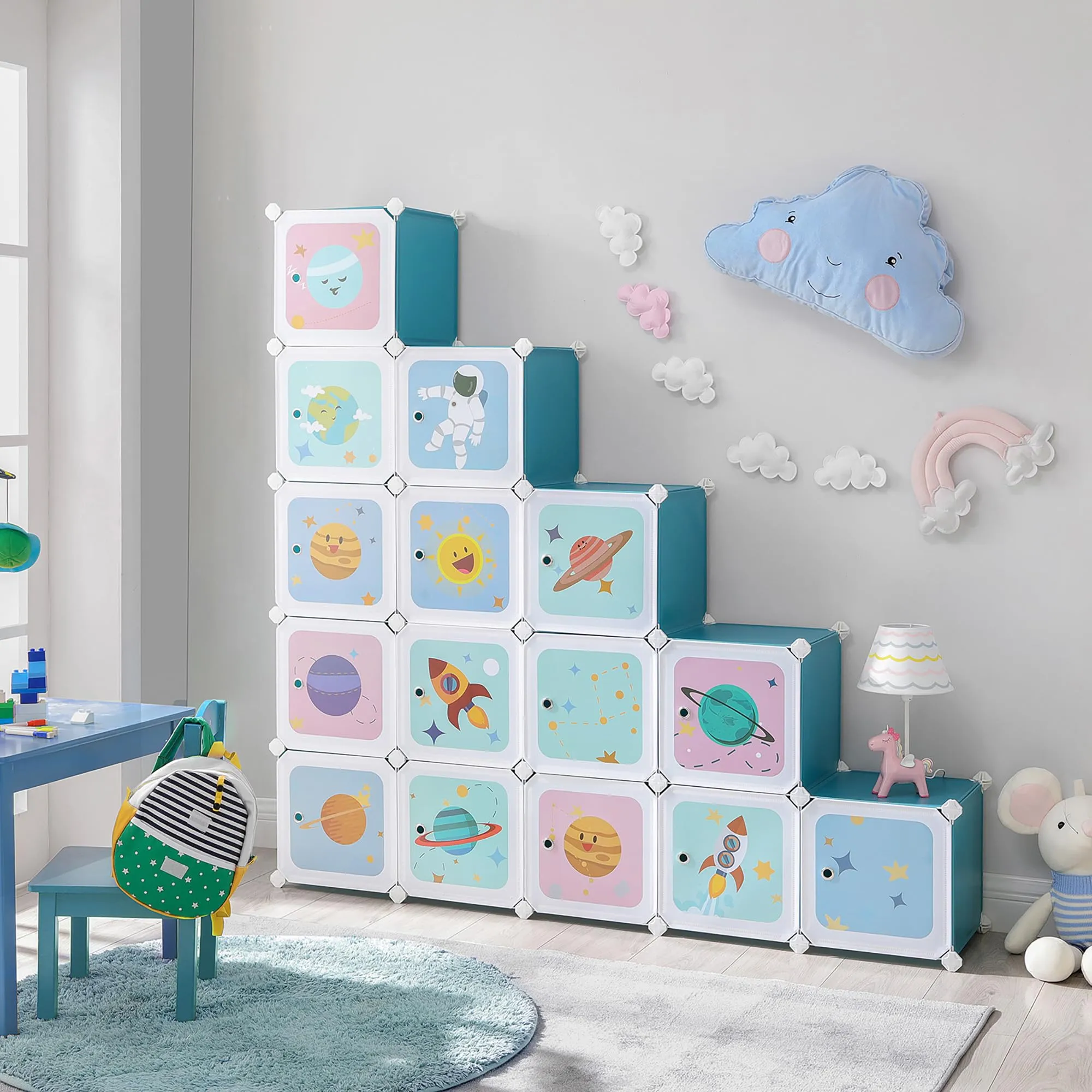SONGMICS Scaffale Portaoggetti a 15 Cubi per Bambini, Organizzatore Modulare in Plastica, 153 x 31 x 153 cm, Azzurro LPC902Q01 - immagine 2