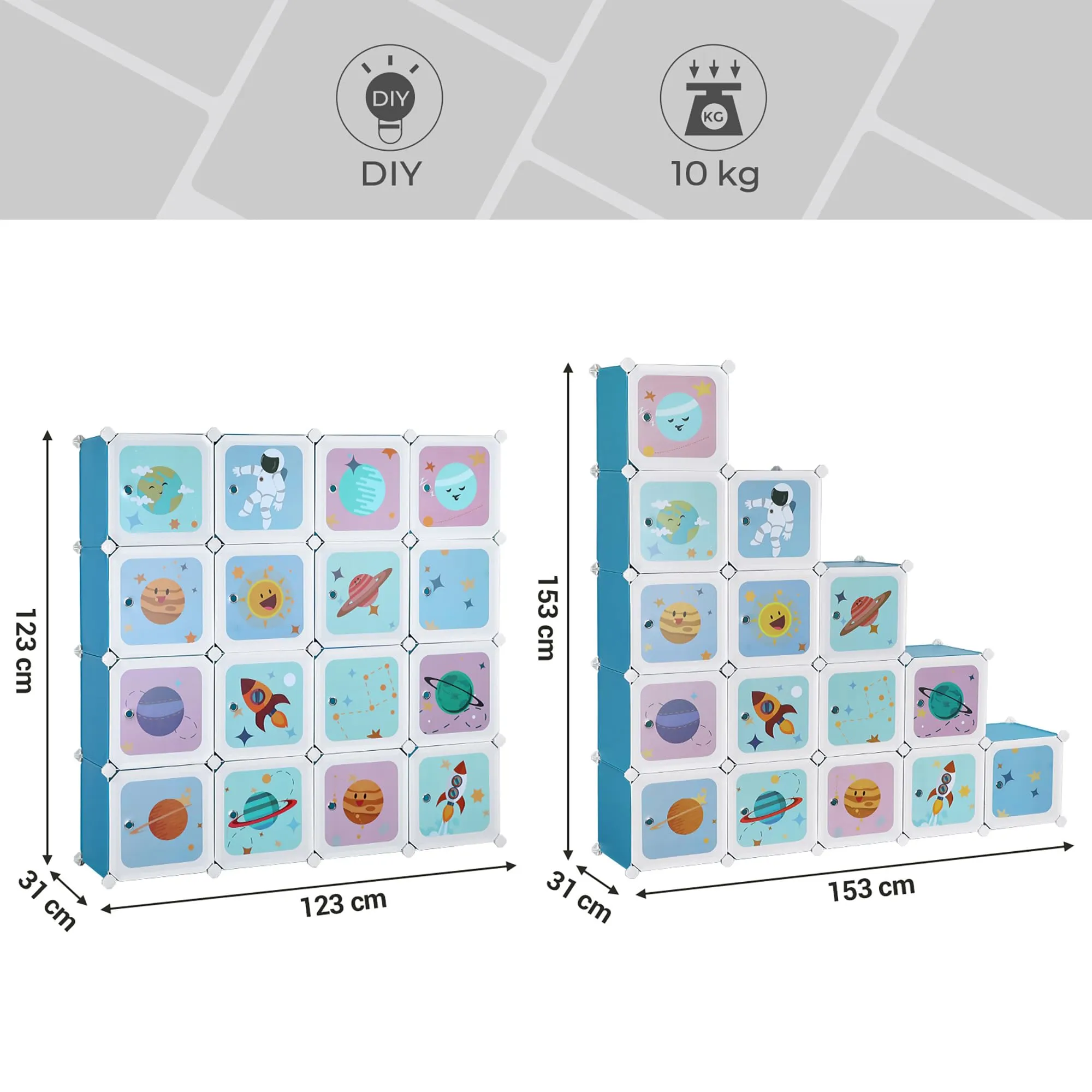 SONGMICS Scaffale Portaoggetti a 15 Cubi per Bambini, Organizzatore Modulare in Plastica, 153 x 31 x 153 cm, Azzurro LPC902Q01 - immagine 8