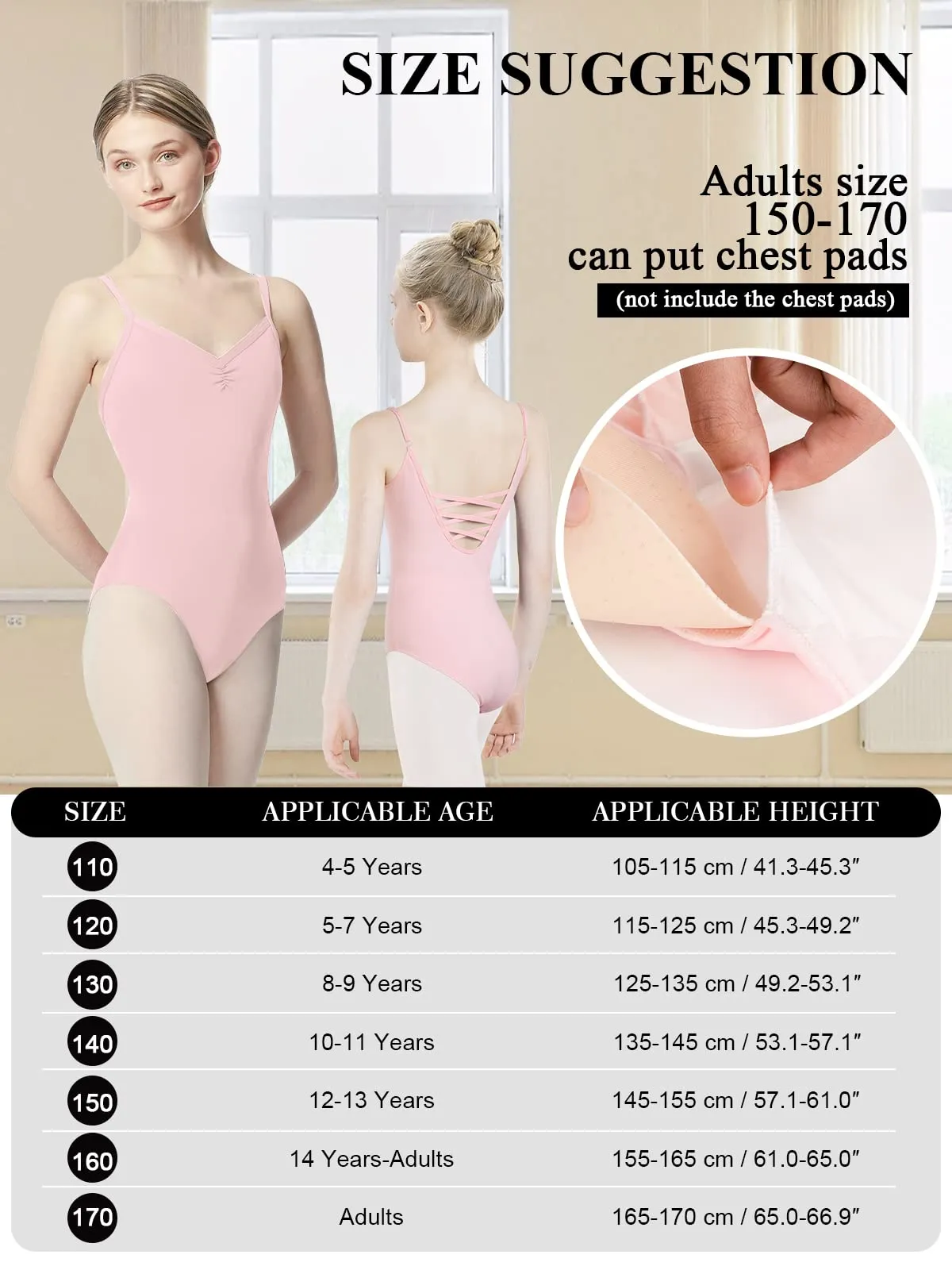 tanzdunsje Body da Danza Classica e Ginnastica con Spalline Regolabili, Rosa, Taglia 150 - immagine 5