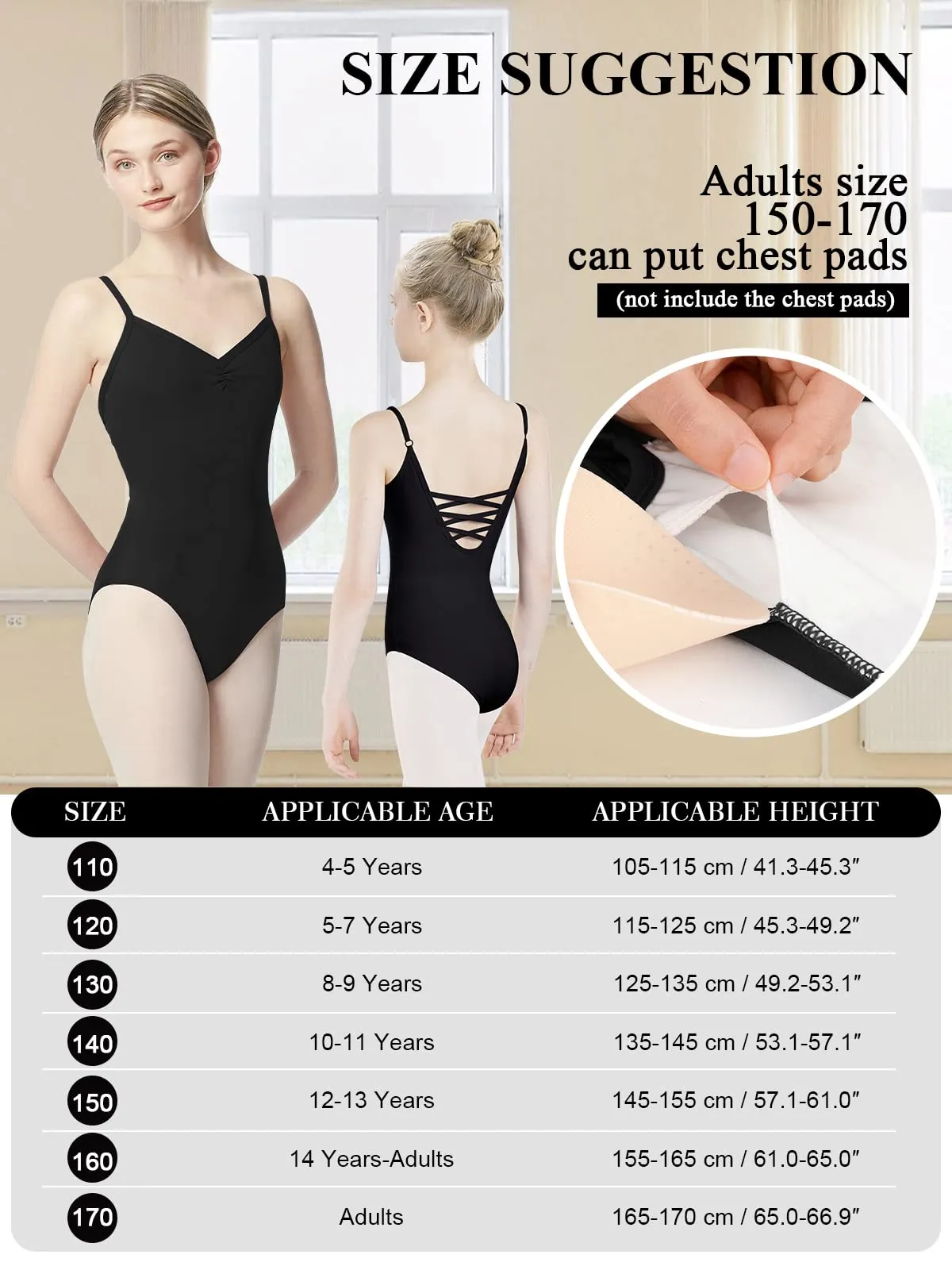 tanzdunsje Body Danza Classica per Donne e Bambina, Leotards con Spalline Regolabili, Nero, 140 - immagine 5