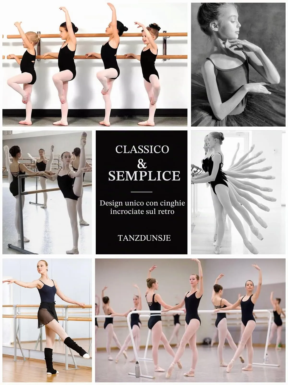 tanzdunsje Body Danza Classica per Donne e Bambina, Leotards con Spalline Regolabili, Nero, 140 - immagine 7