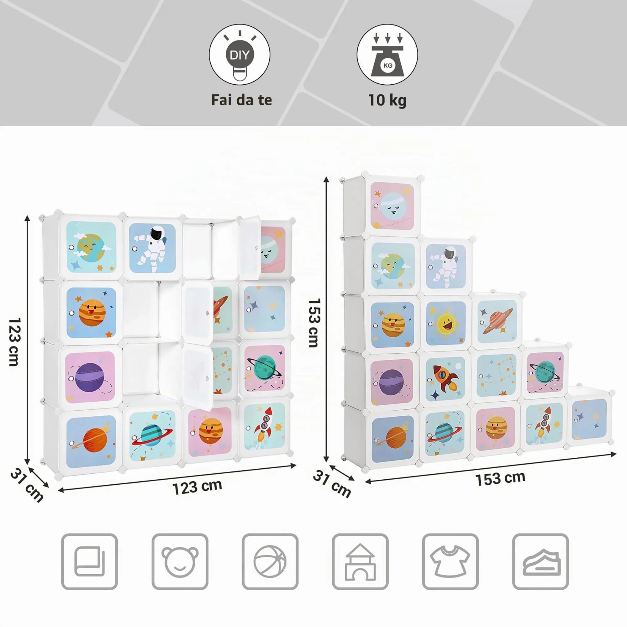 SONGMICS Scaffale Portaoggetti a 15 Cubi per Bambini, Organizzatore Modulare in Plastica, Bianco, 153 x 31 x 153 cm, LPC902W - immagine 8