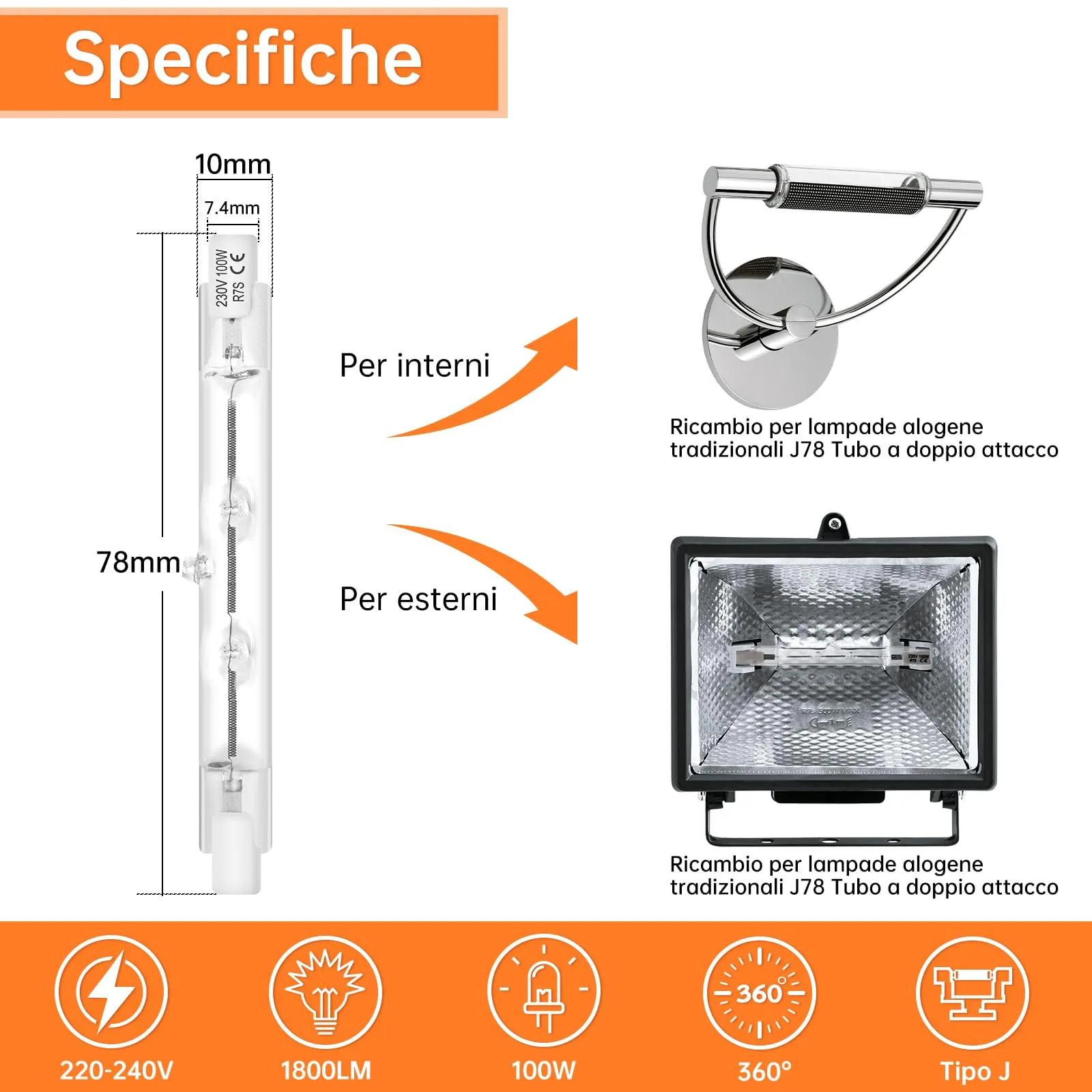 Tomosu Lampadina Alogena 78mm 100W Dimmerabile 1800LM Bianca Calda (6 pezzi) - immagine 2