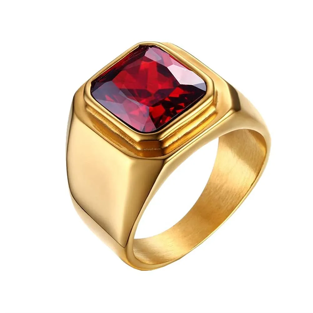 HIJONES Anello da Uomo in Acciaio Inossidabile Placcato Oro Nero con Zirconi Quadrati Rossi Vintage Misura 19 - immagine 1