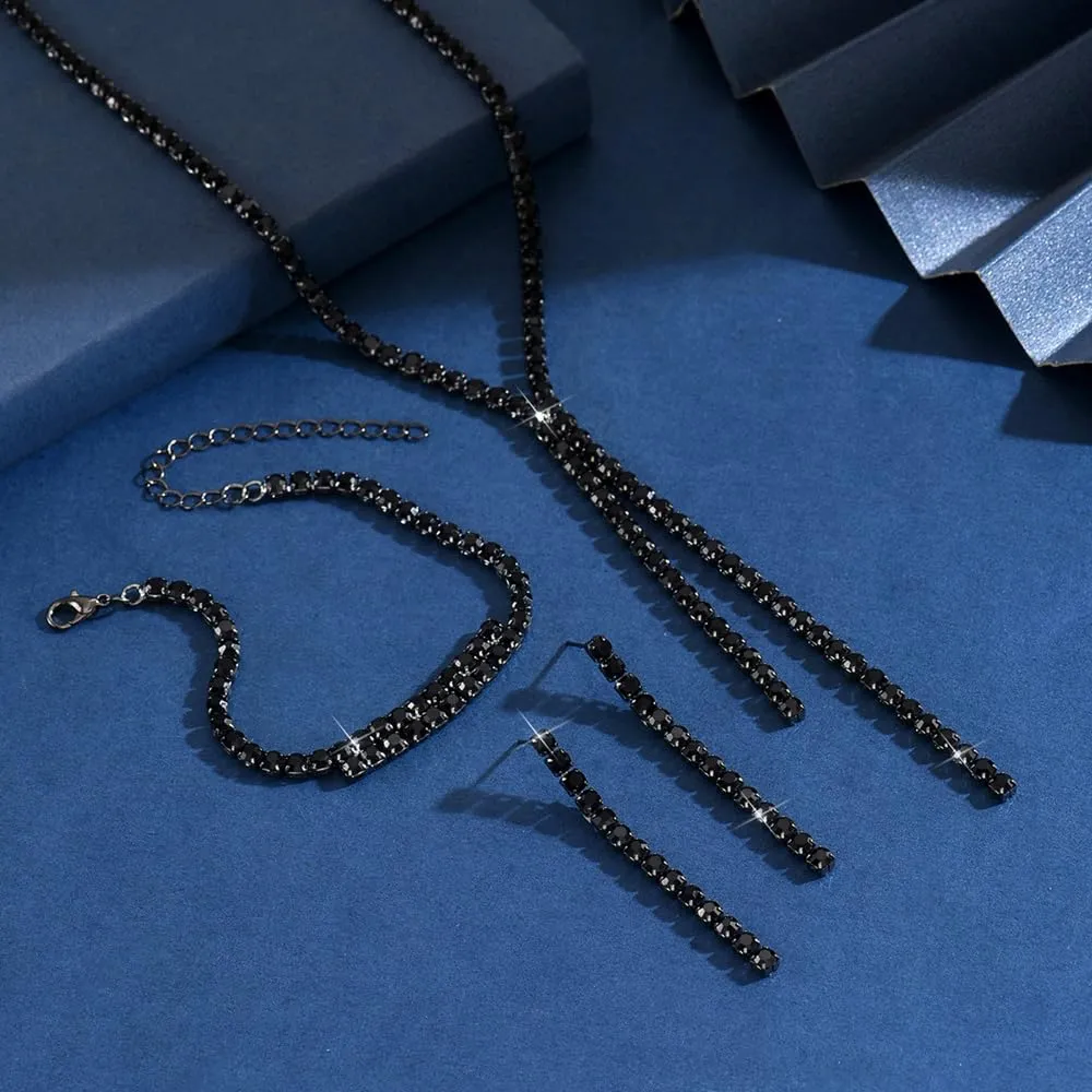 XFSRG Set Gioielli con Strass Collana, Bracciale e Orecchini per Donna (Nero) - immagine 3