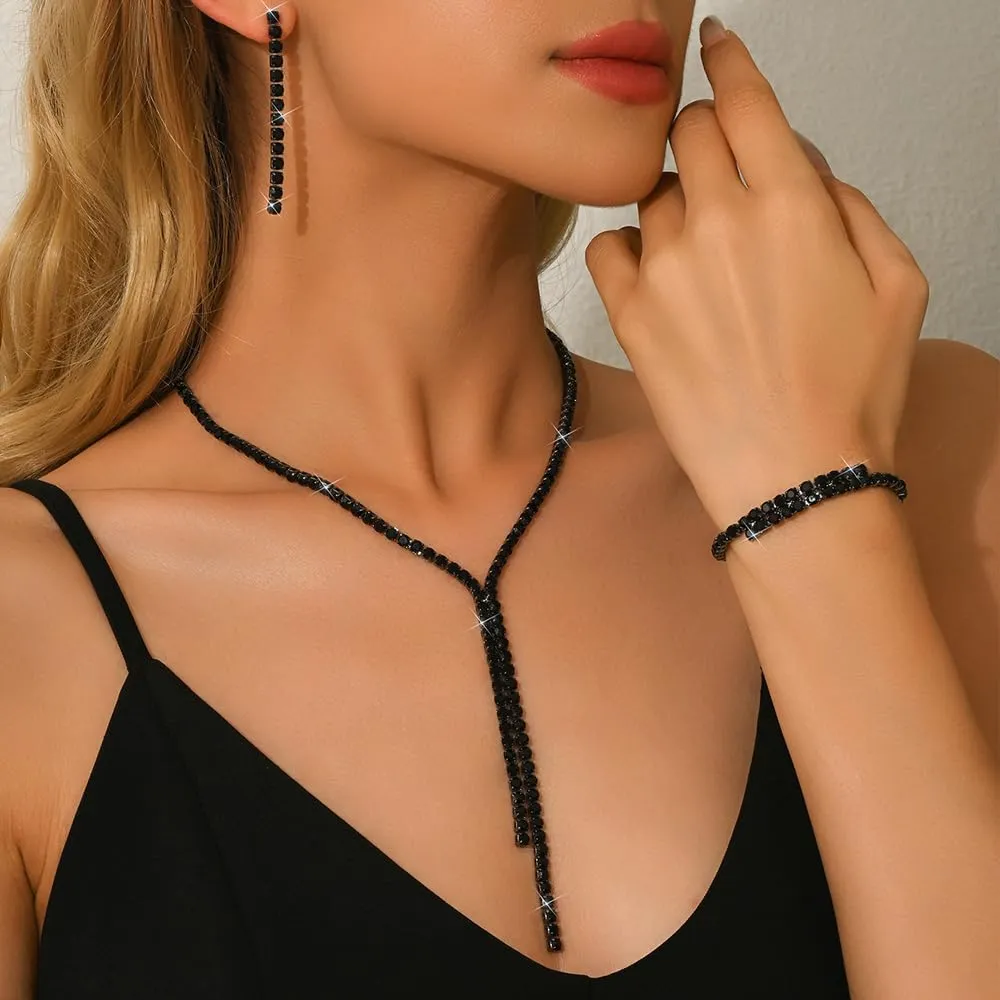 XFSRG Set Gioielli con Strass Collana, Bracciale e Orecchini per Donna (Nero) - immagine 5