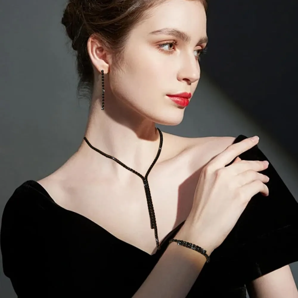 XFSRG Set Gioielli con Strass Collana, Bracciale e Orecchini per Donna (Nero) - immagine 6
