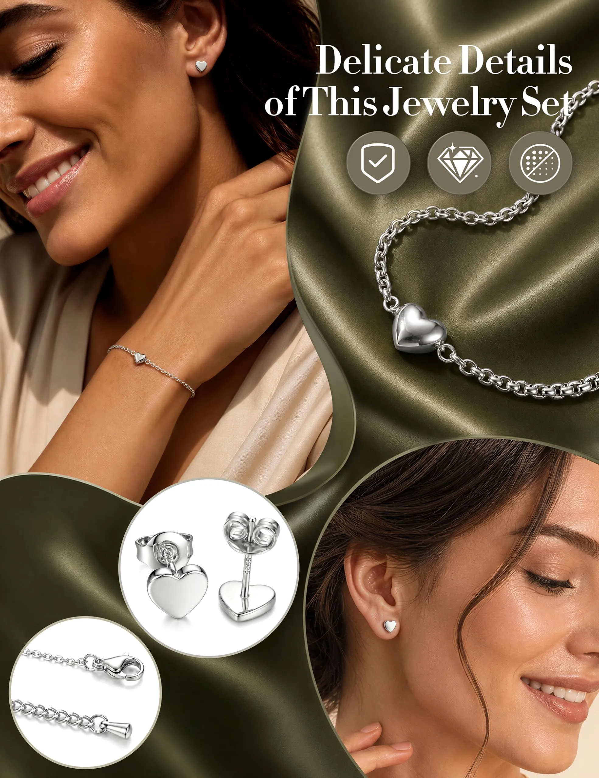 YADOCA Parure Gioielli Donna Set Collana, Bracciale e Orecchini a Cuore in Acciaio Inossidabile e Argento 925, Colore Argento - immagine 2