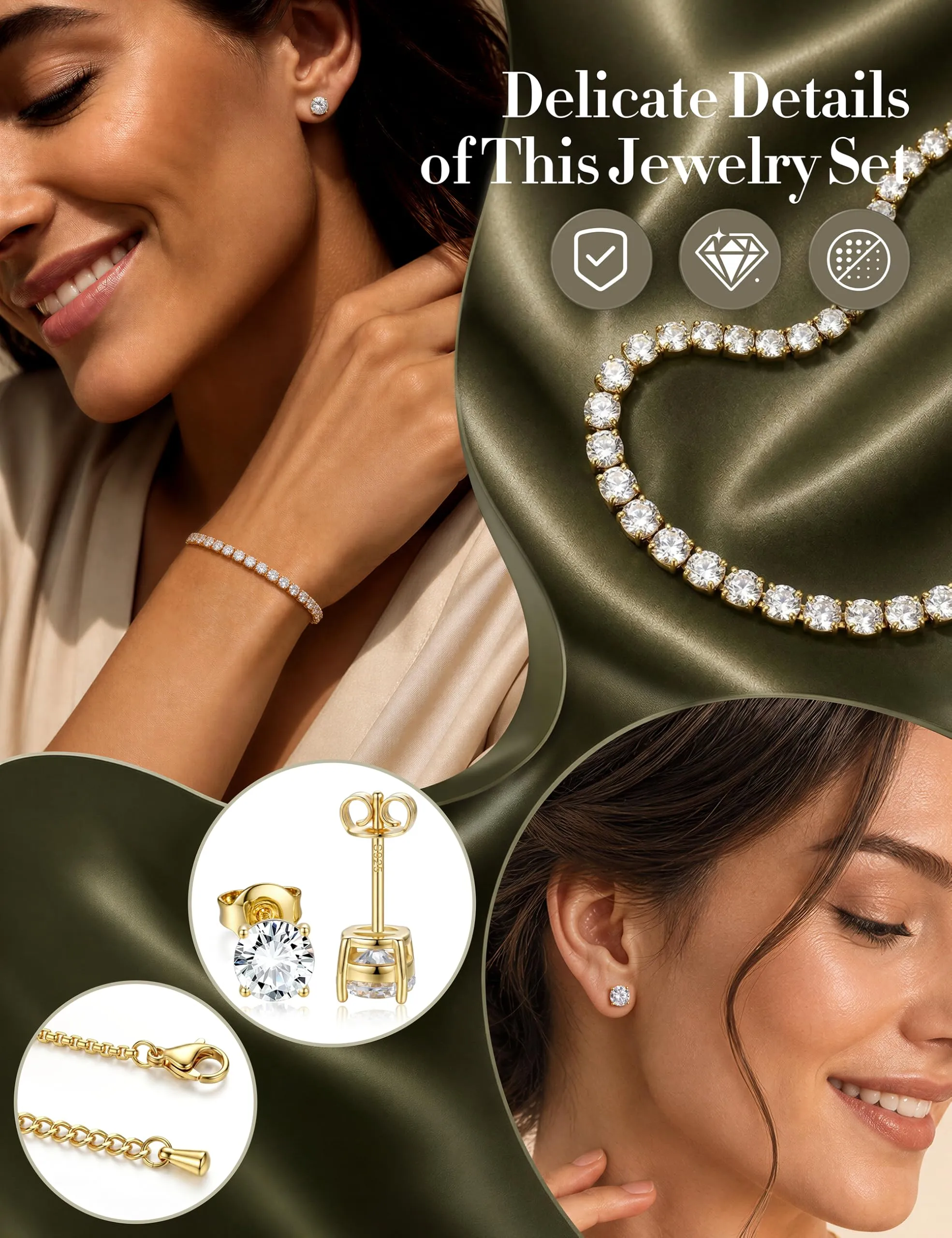 YADOCA Parure Gioielli Donna Set Collana, Bracciale e Orecchini in Acciaio Inossidabile e Argento 925 Placcati Oro 14K - immagine 2