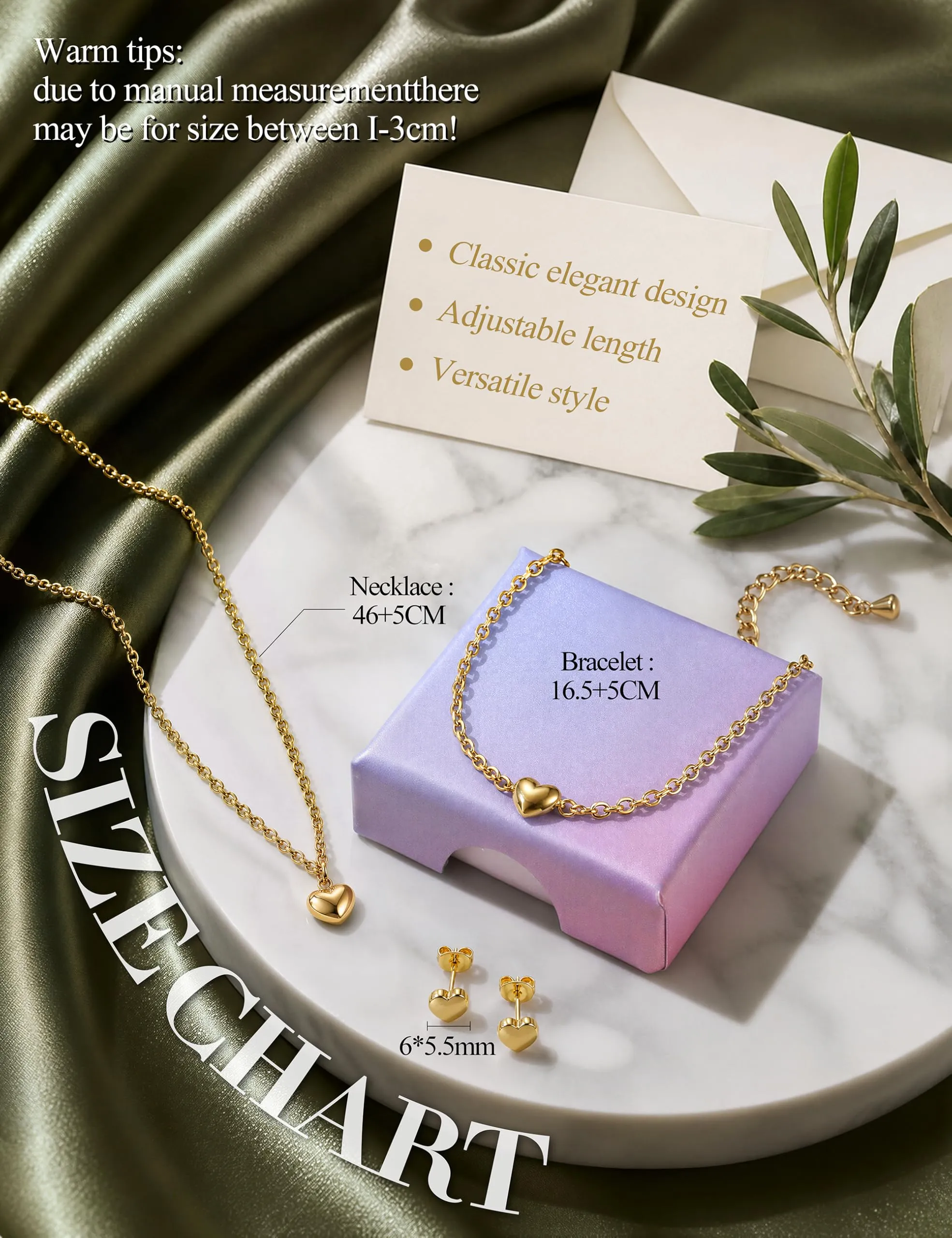 YADOCA Parure Gioielli Donna Set Collana, Bracciale e Orecchini a Cuore, Placcato Oro 14K - immagine 7