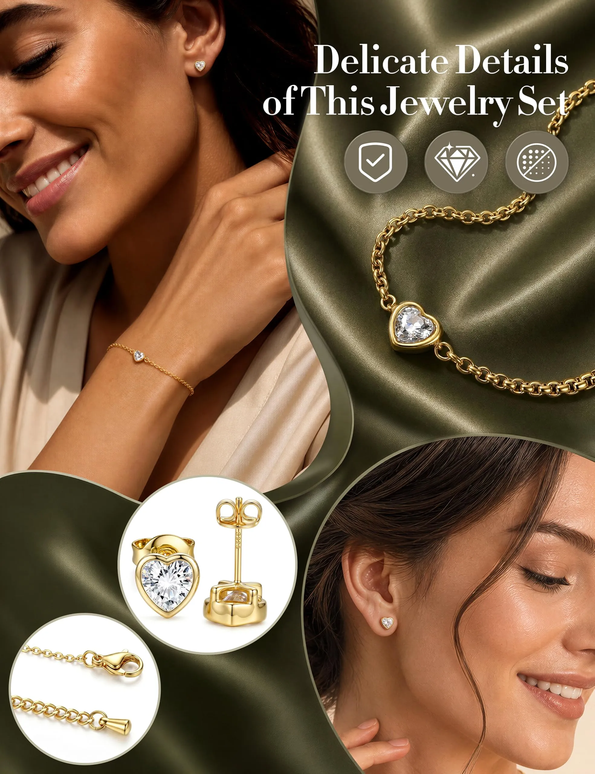 YADOCA Parure Gioielli Donna Set Collana, Bracciale e Orecchini Cuore in Acciaio Inossidabile e Argento 925 Placcati Oro 14K - immagine 2