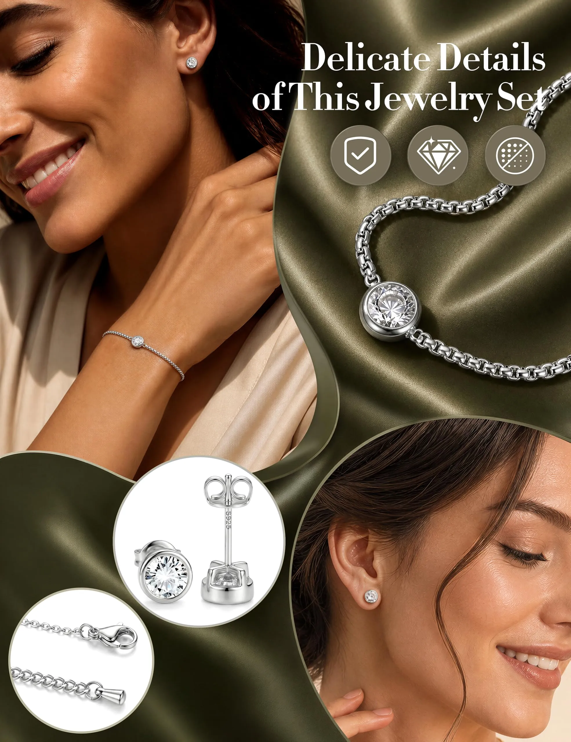 YADOCA Parure Gioielli Donna Set Collana Bracciale e Orecchini in Acciaio Inossidabile e Argento 925, Argento - immagine 2