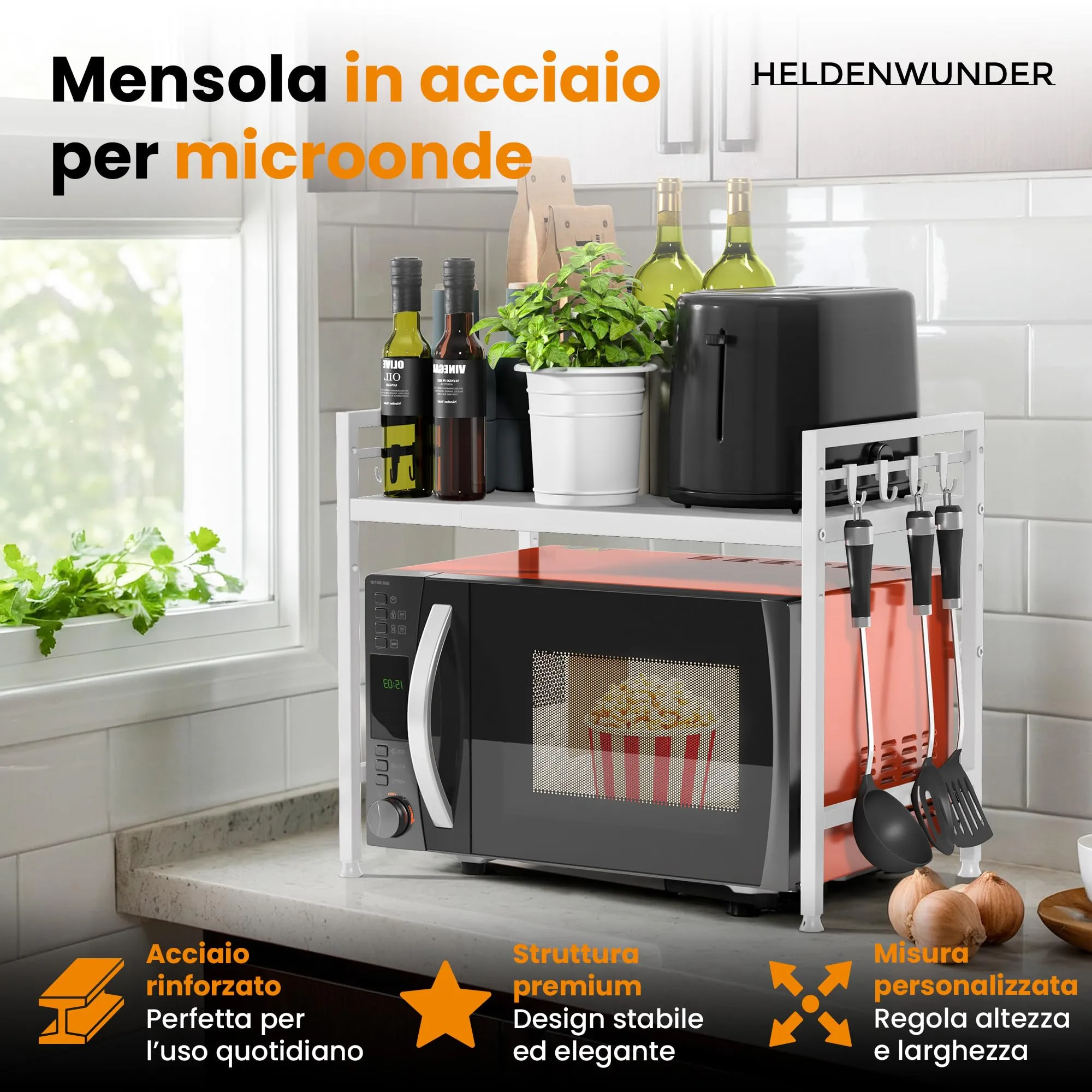 Heldenwunder Scaffale per microonde in acciaio, 2 livelli, altezza e lunghezza regolabili, Bianco - immagine 2