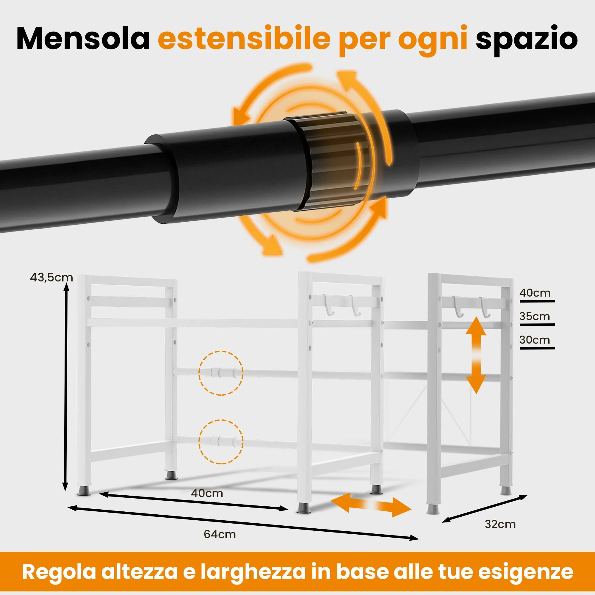 Heldenwunder Scaffale per microonde in acciaio, 2 livelli, altezza e lunghezza regolabili, Bianco - immagine 4