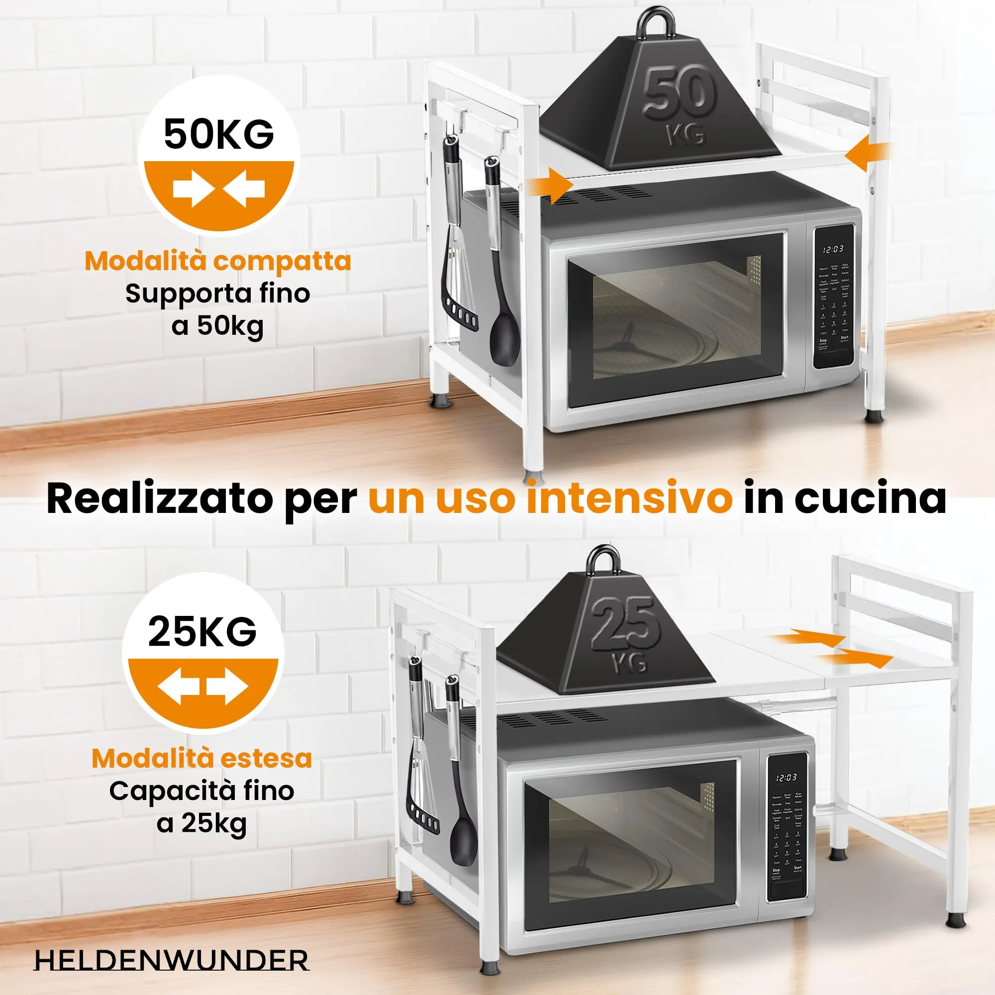 Heldenwunder Scaffale per microonde in acciaio, 2 livelli, altezza e lunghezza regolabili, Bianco - immagine 5