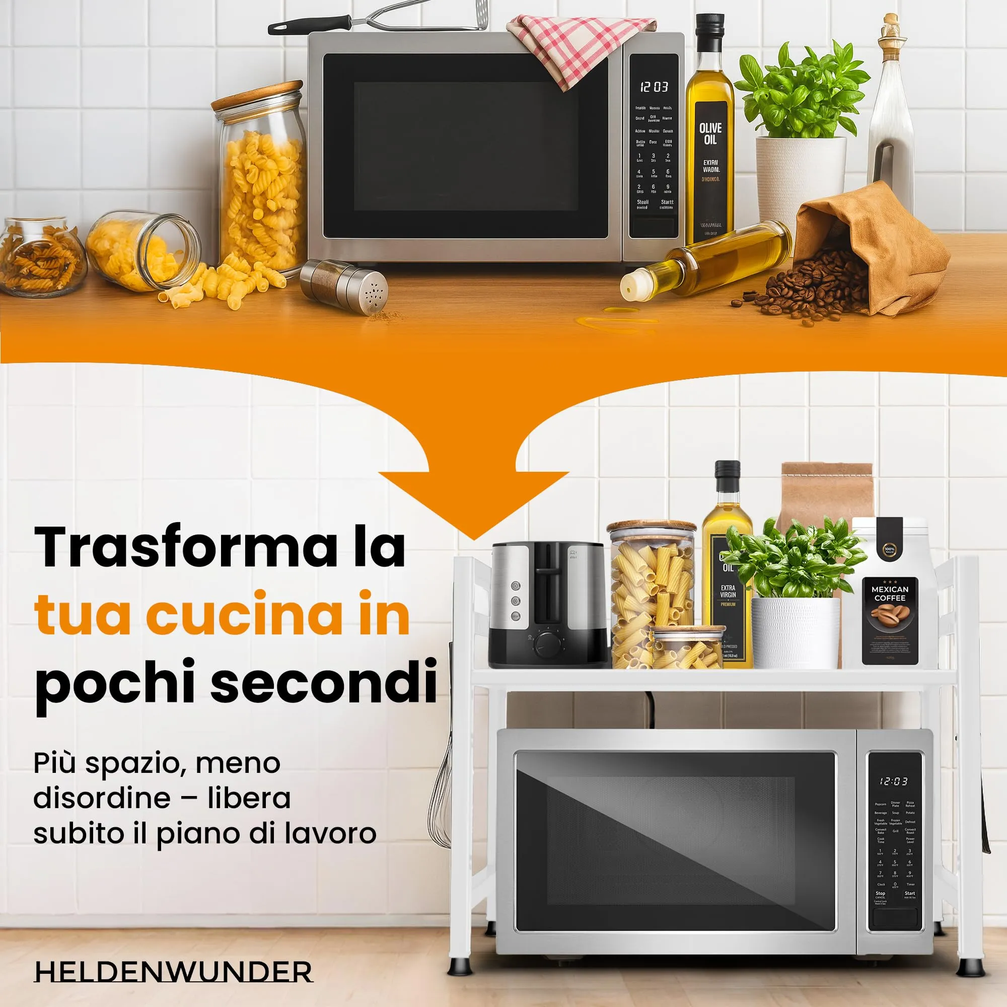 Heldenwunder Scaffale per microonde in acciaio, 2 livelli, altezza e lunghezza regolabili, Bianco - immagine 6