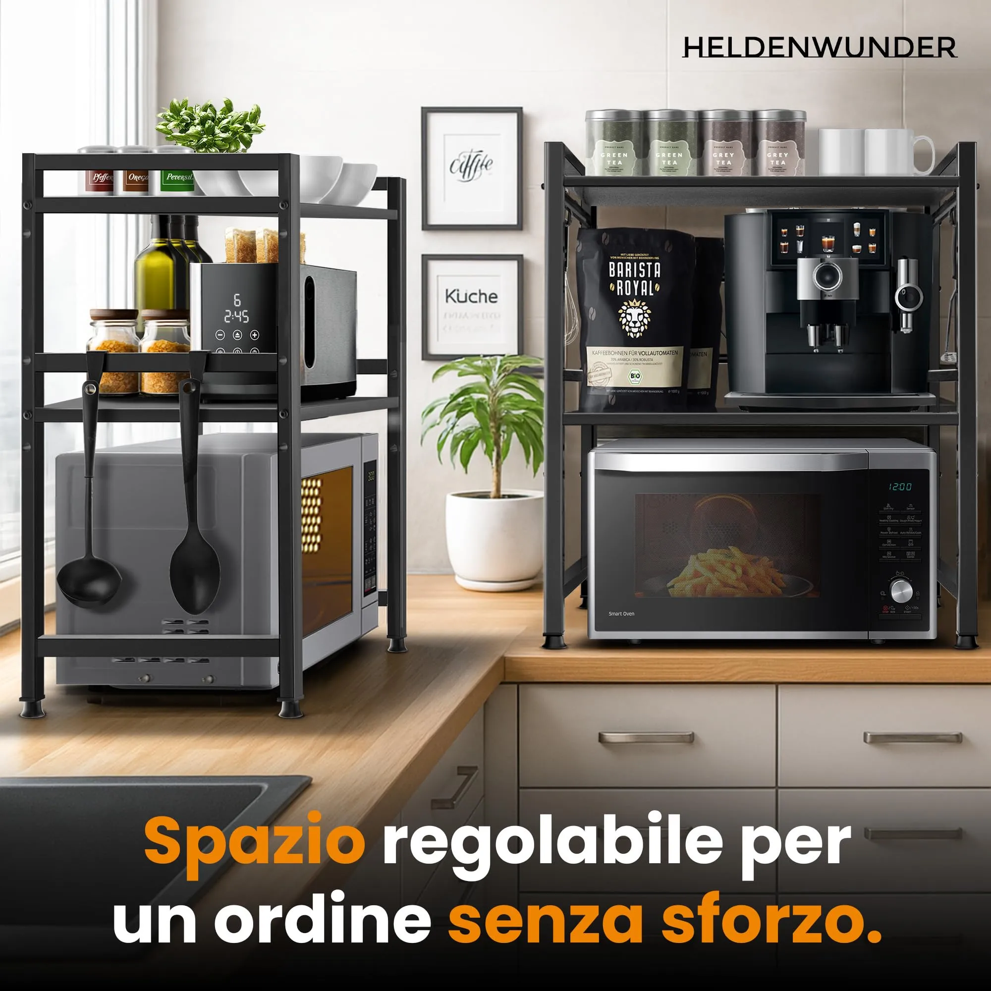 Heldenwunder Scaffale per microonde in acciaio, 2 livelli, altezza e lunghezza regolabili, Bianco - immagine 9