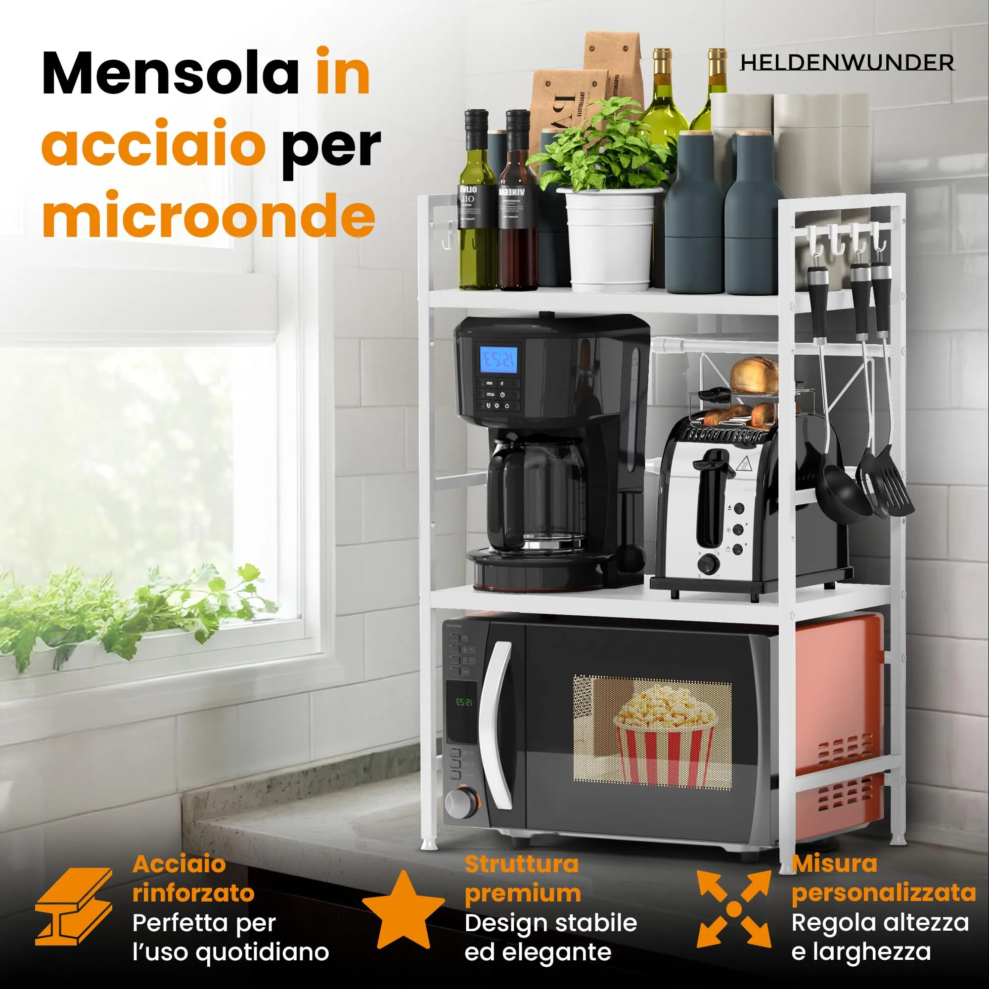 Heldenwunder Scaffalatura per forno a microonde in acciaio, 3 ripiani, regolabile in lunghezza e altezza, bianco - immagine 2