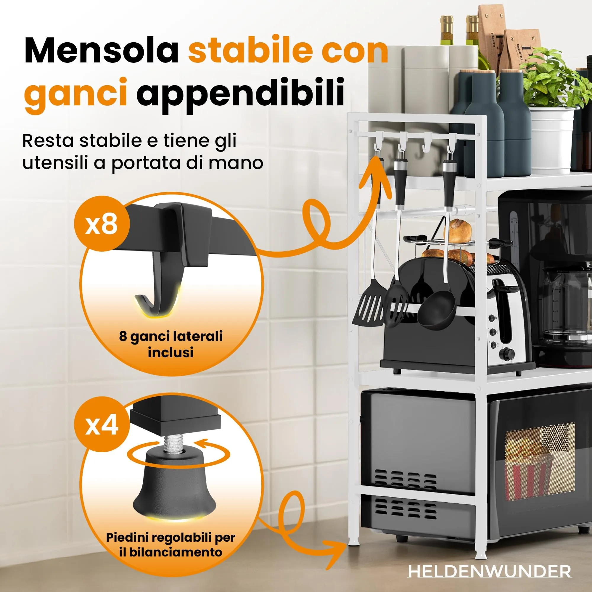 Heldenwunder Scaffalatura per forno a microonde in acciaio, 3 ripiani, regolabile in lunghezza e altezza, bianco - immagine 3
