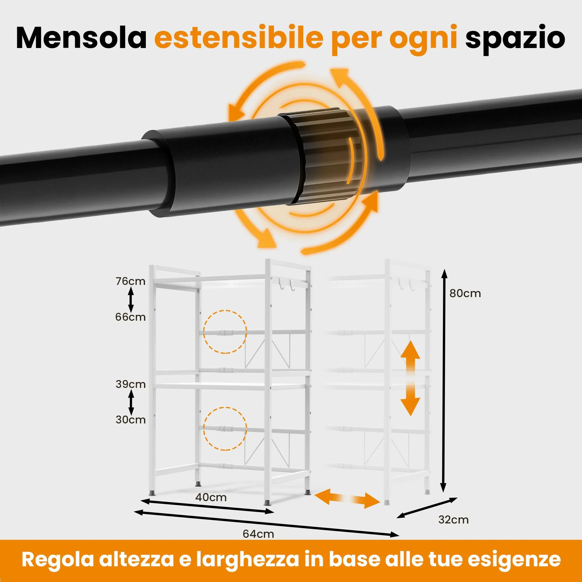 Heldenwunder Scaffalatura per forno a microonde in acciaio, 3 ripiani, regolabile in lunghezza e altezza, bianco - immagine 4