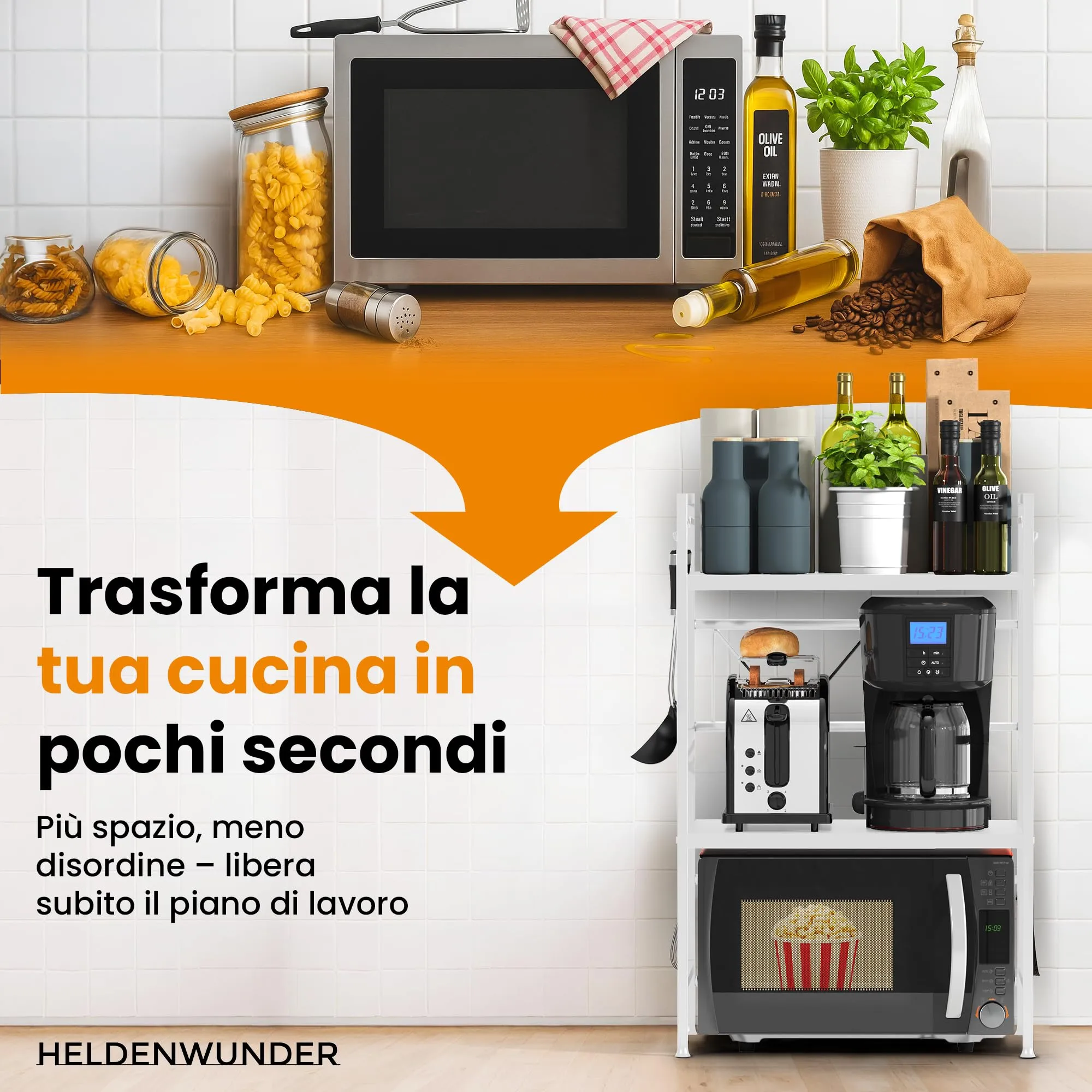 Heldenwunder Scaffalatura per forno a microonde in acciaio, 3 ripiani, regolabile in lunghezza e altezza, bianco - immagine 6
