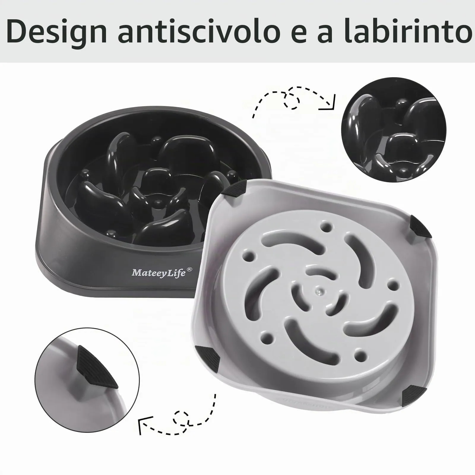 MateeyLife Ciotola Anti Ingozzamento per Cani di Taglia Media e Grande, Puzzle Antiscivolo, 2 pezzi, 20 cm, Grigio e Nero - immagine 4