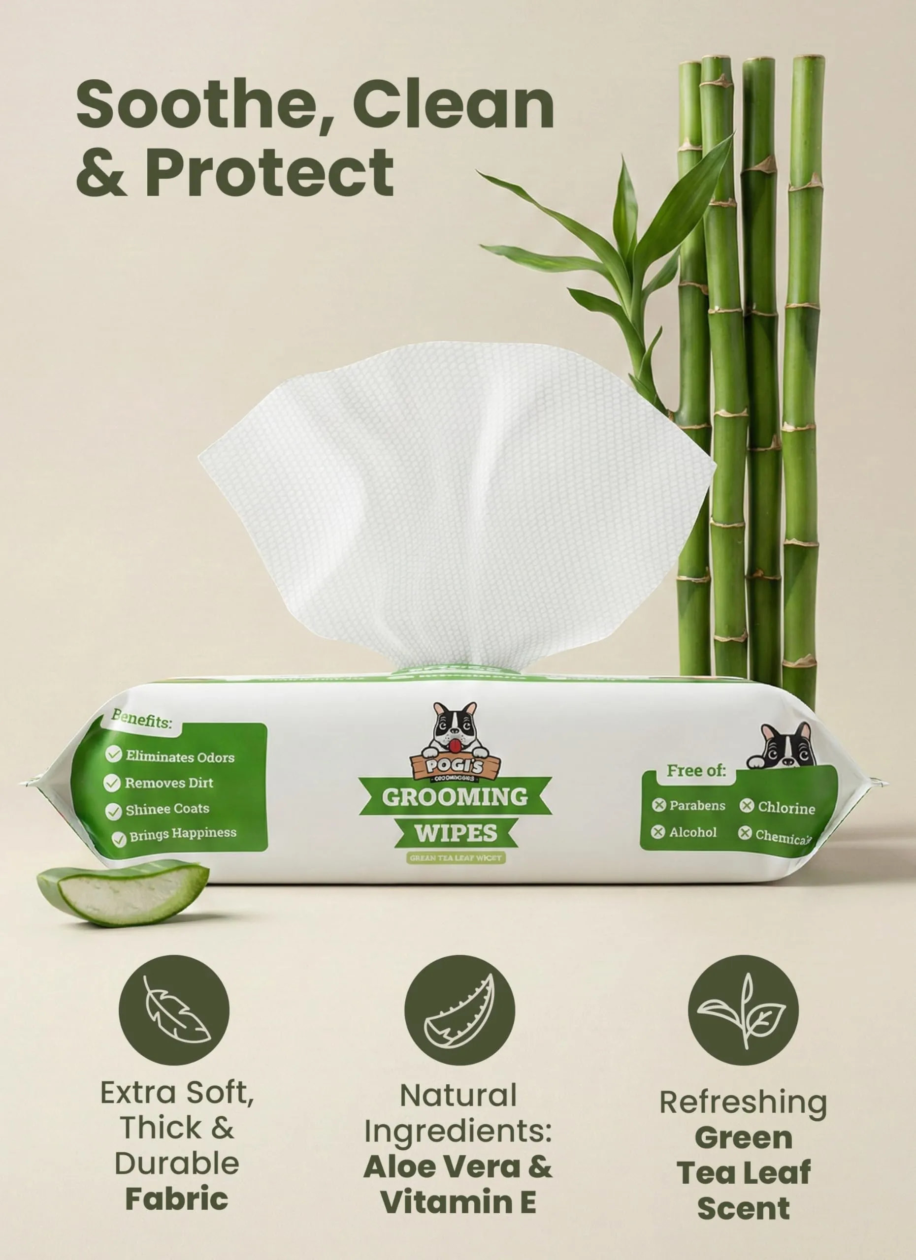 Pogi's Pet Supplies Salviette per cani al tè verde, 100 pezzi - immagine 3