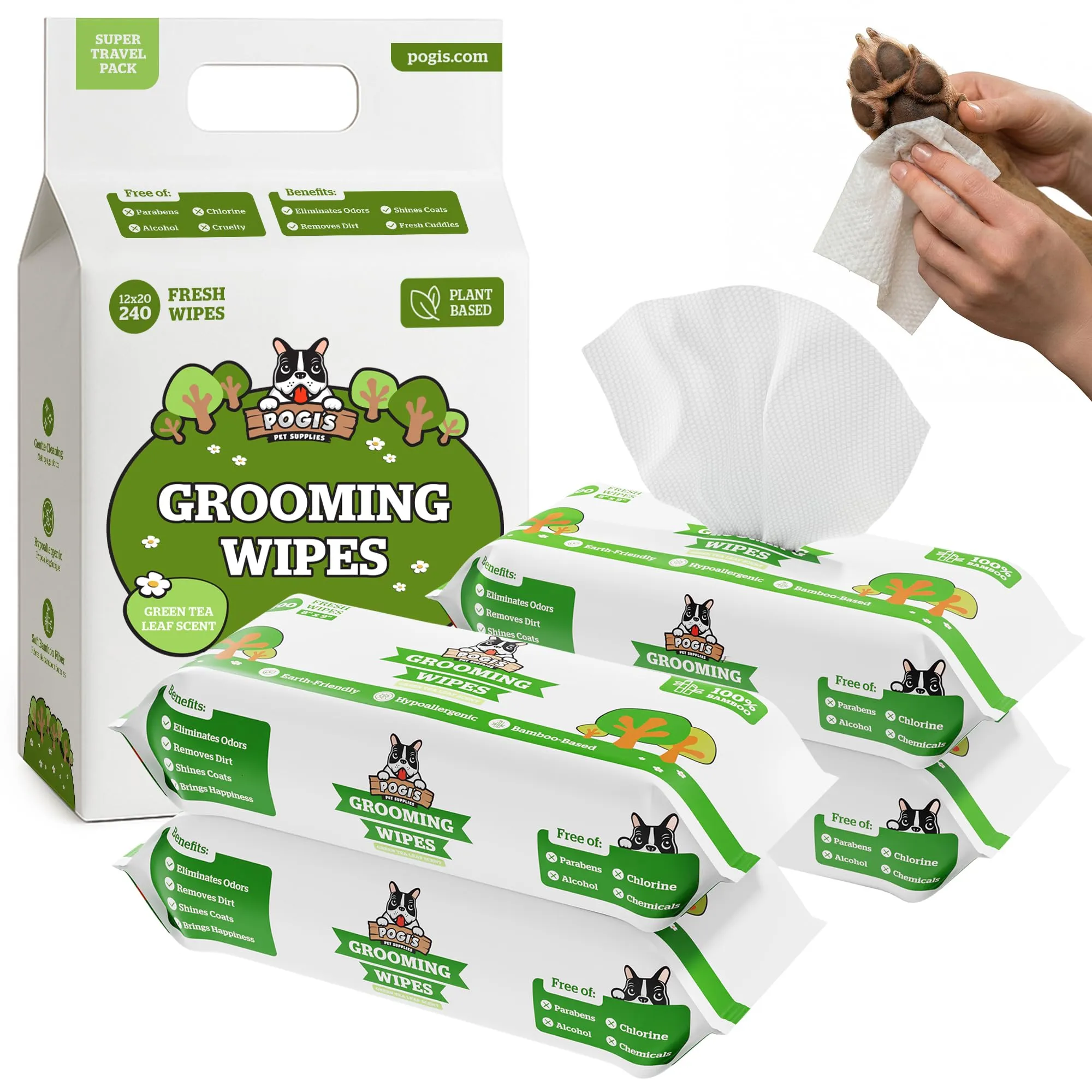 Pogi's Pet Supplies Salviette per Cani al Tè Verde, 400 Pezzi - immagine 1