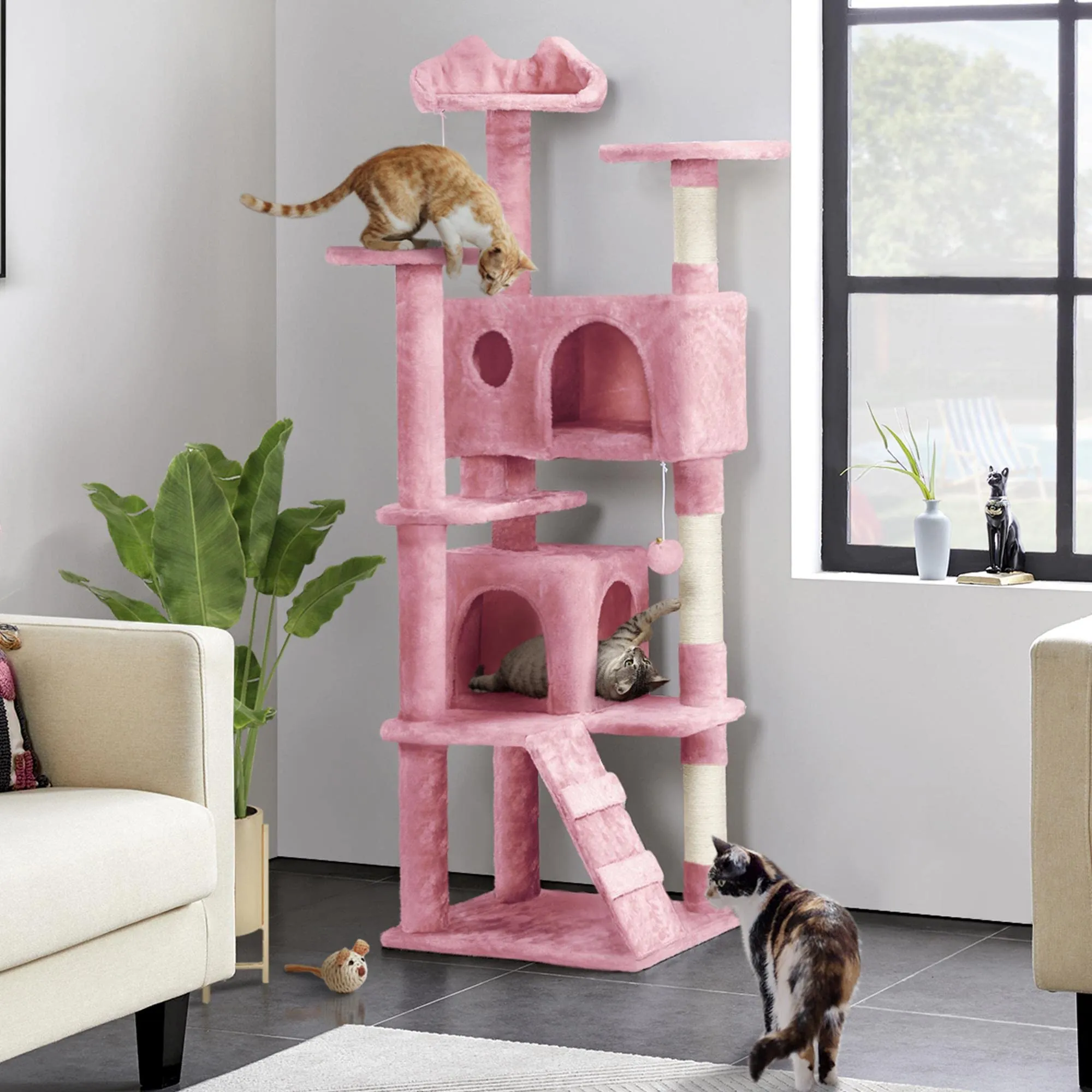Yaheetech Albero Tiragraffi per Gatti Multilivello 158 cm, Rosa - immagine 2