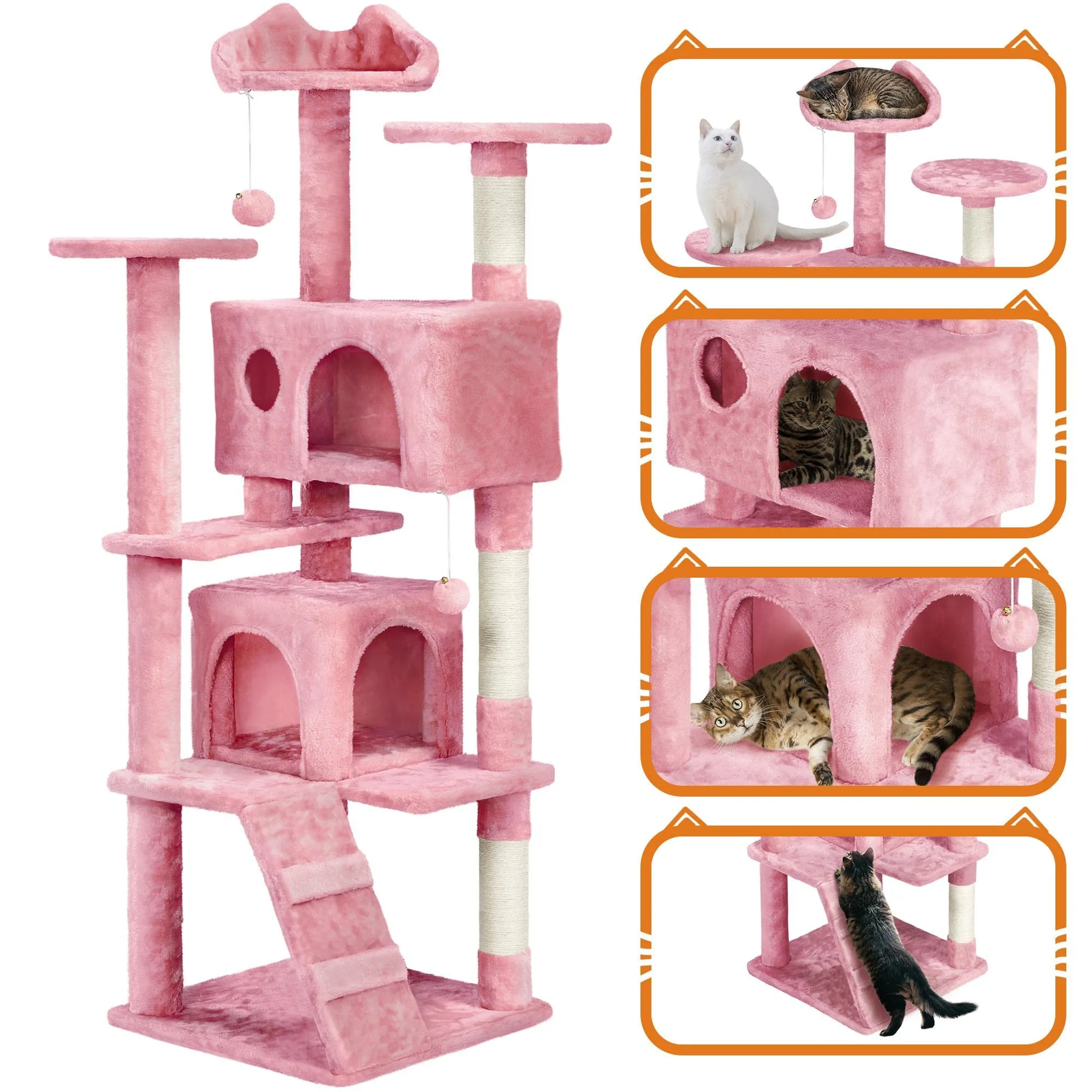 Yaheetech Albero Tiragraffi per Gatti Multilivello 158 cm, Rosa - immagine 4