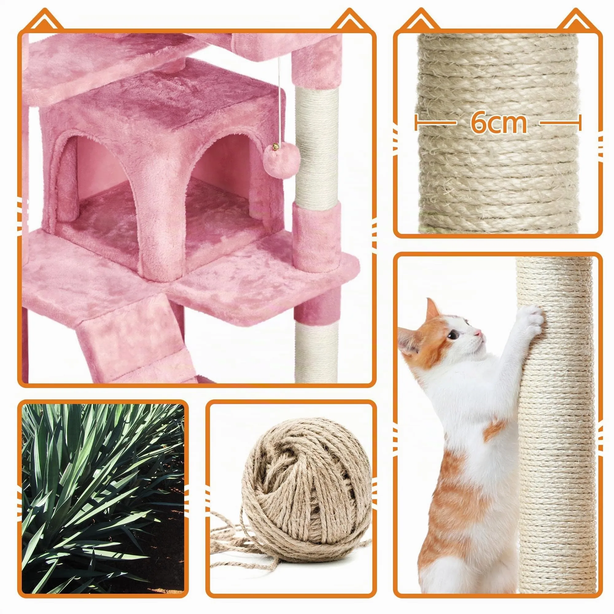 Yaheetech Albero Tiragraffi per Gatti Multilivello 158 cm, Rosa - immagine 5