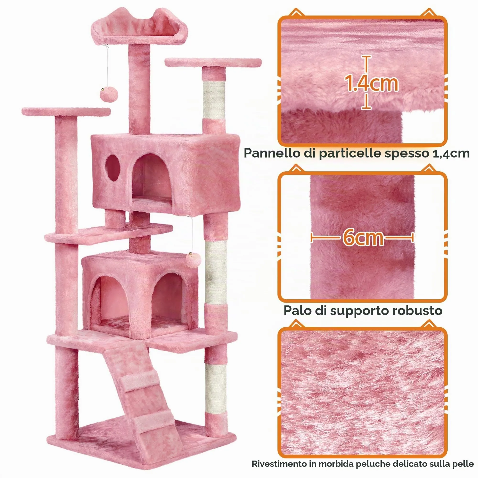 Yaheetech Albero Tiragraffi per Gatti Multilivello 158 cm, Rosa - immagine 9