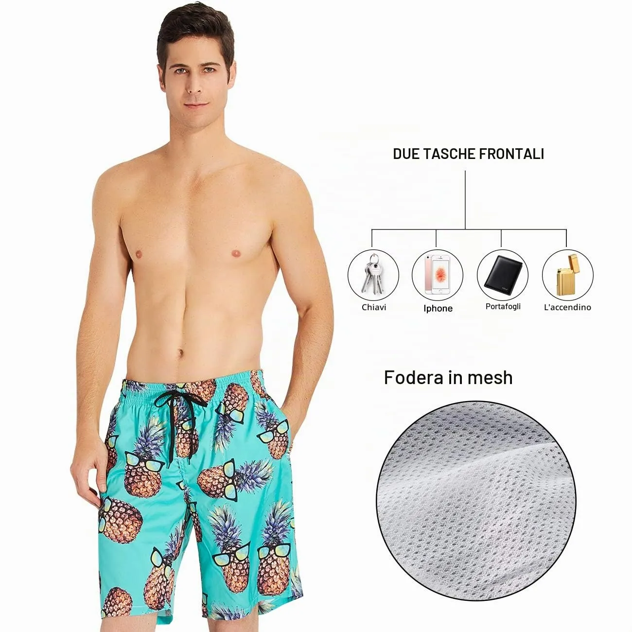 ALISISTER Costume Uomo Mare con Stampa 3D Ananas, Pantaloncini Spiaggia da Surf con Fodera in Mesh, M - immagine 3