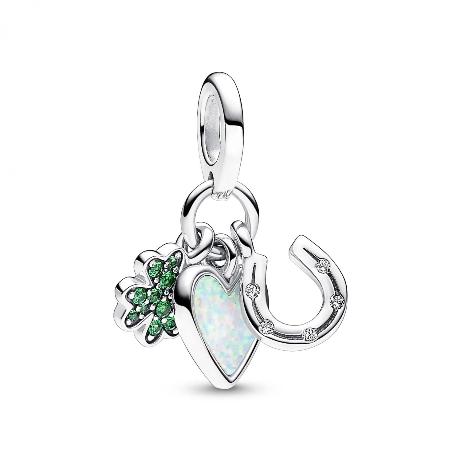 Pandora Moments Ciondolo in argento sterling con trifoglio, cuore e ferro di cavallo, zirconi cubici, cristallo verde reale e opale bianco creato in laboratorio - immagine 1