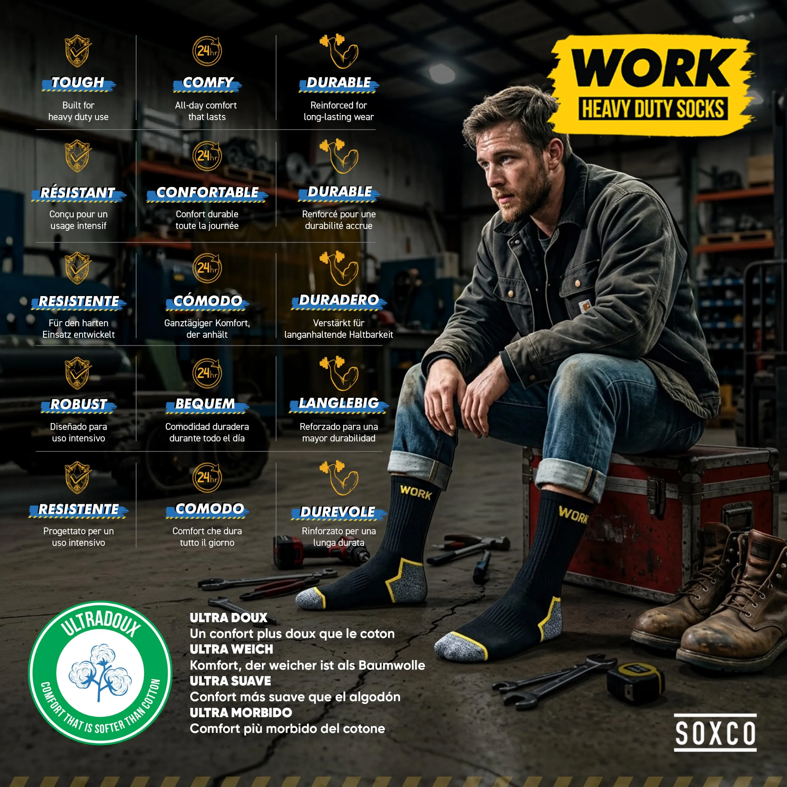 SOXCO Calze da Lavoro Uomo Rinforzate, 10 Paia, 39-42 - immagine 7