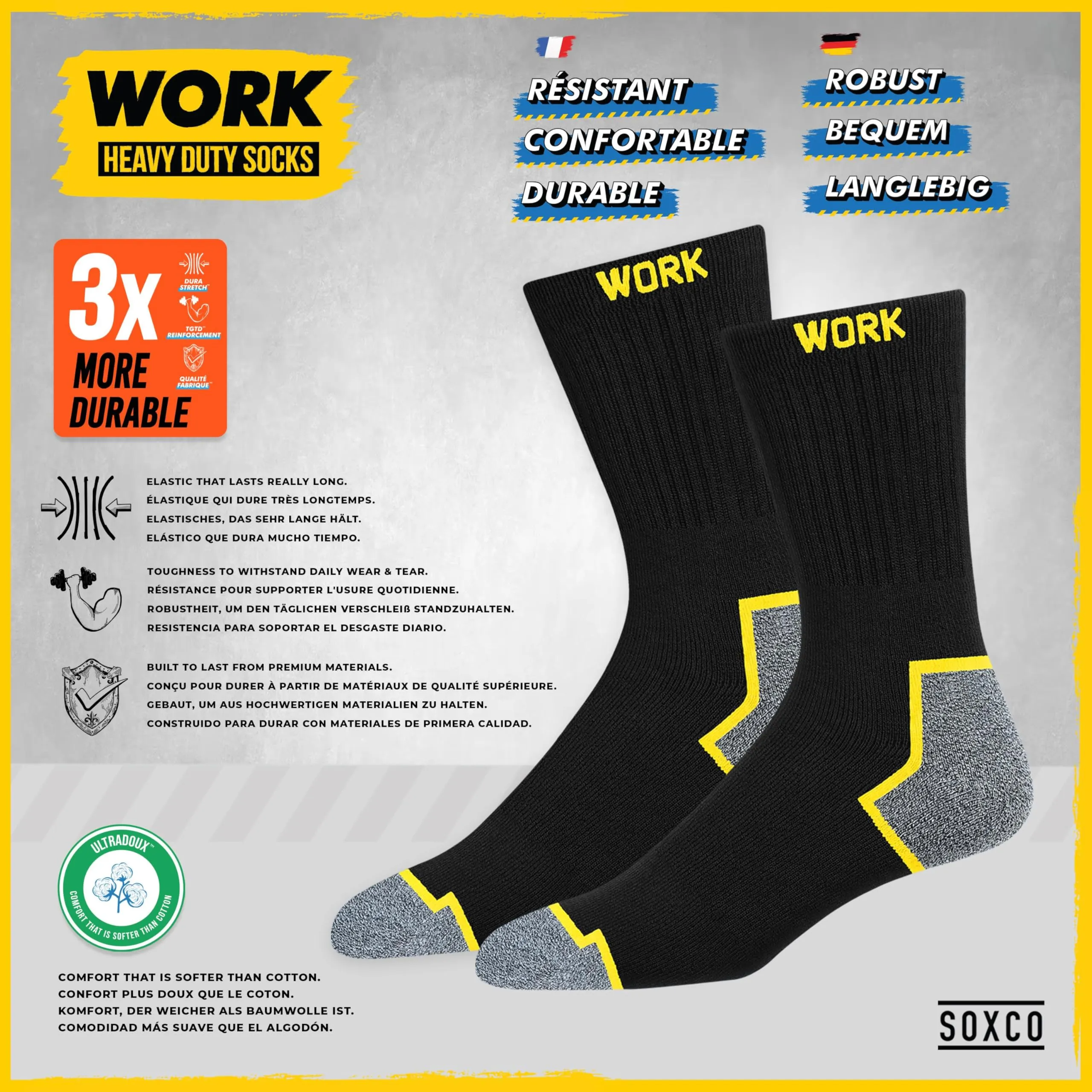 SOXCO Calze da Lavoro Uomo Lunghe Rinforzate, 10 Paia, 43-46 - immagine 5